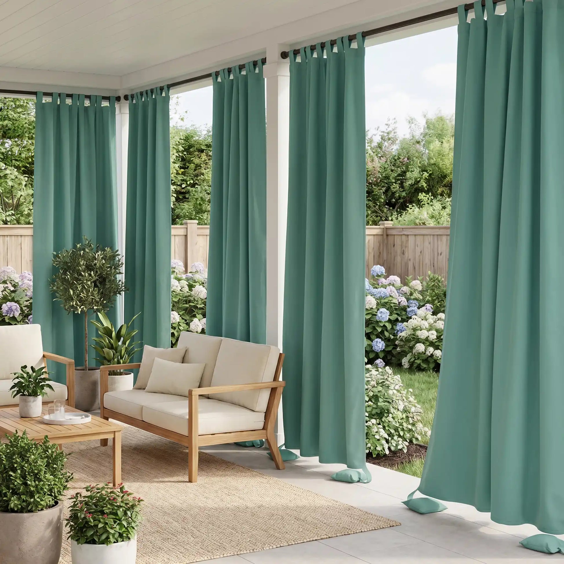 DWCN Official outdoor curtain with tab top and weighted bottom, windproof and waterproof for outdoor weather protection.