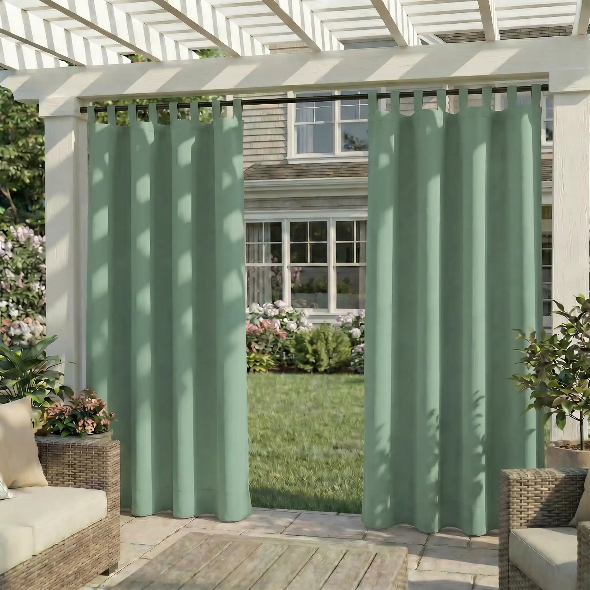 DWCN Official waterproof outdoor curtain with tab top design, ideal for patio or garden coverage, weather-resistant and durable.