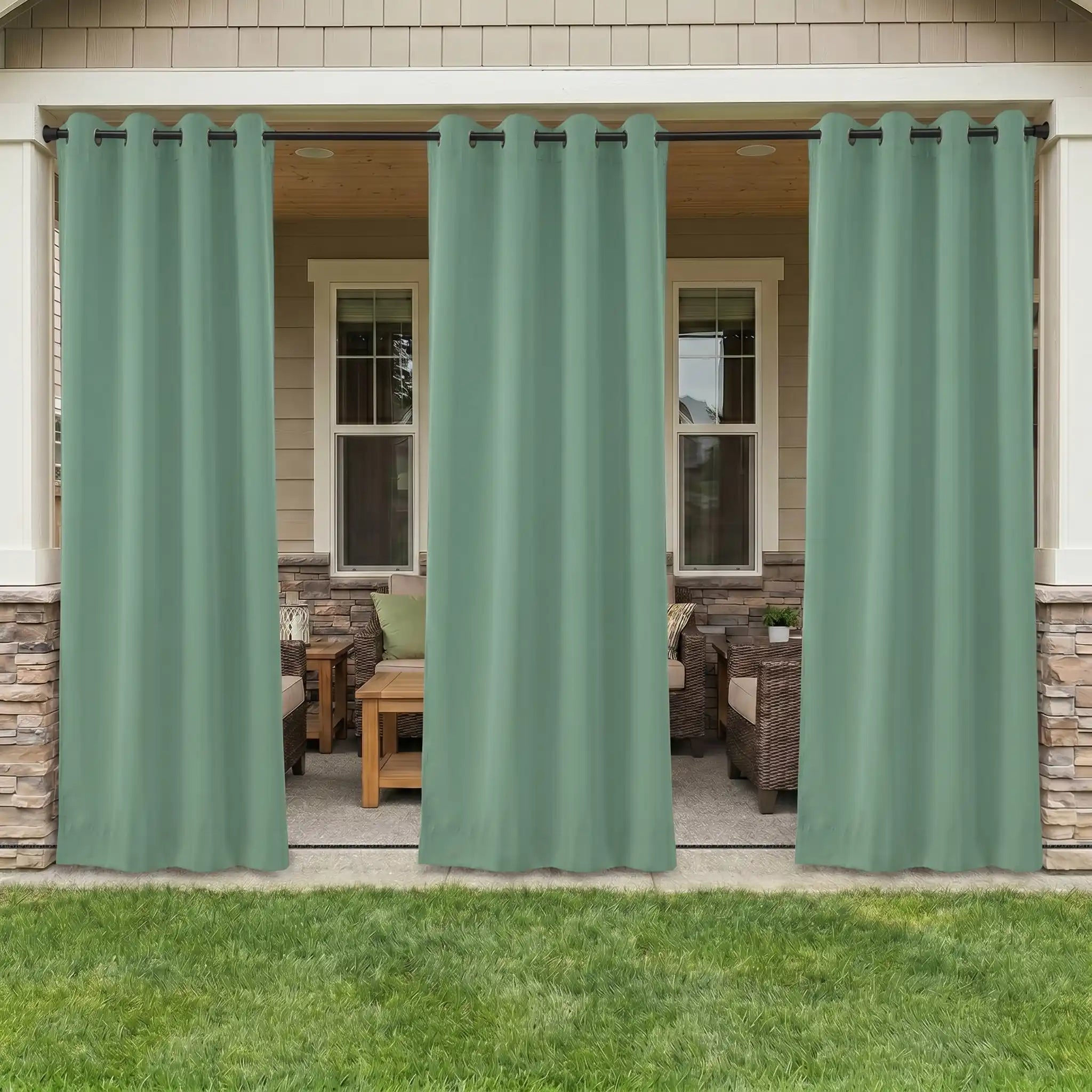 Outdoor curtain with grommet top and rope bottom, windproof and waterproof, by DWCN Official, shown hanging outdoors.