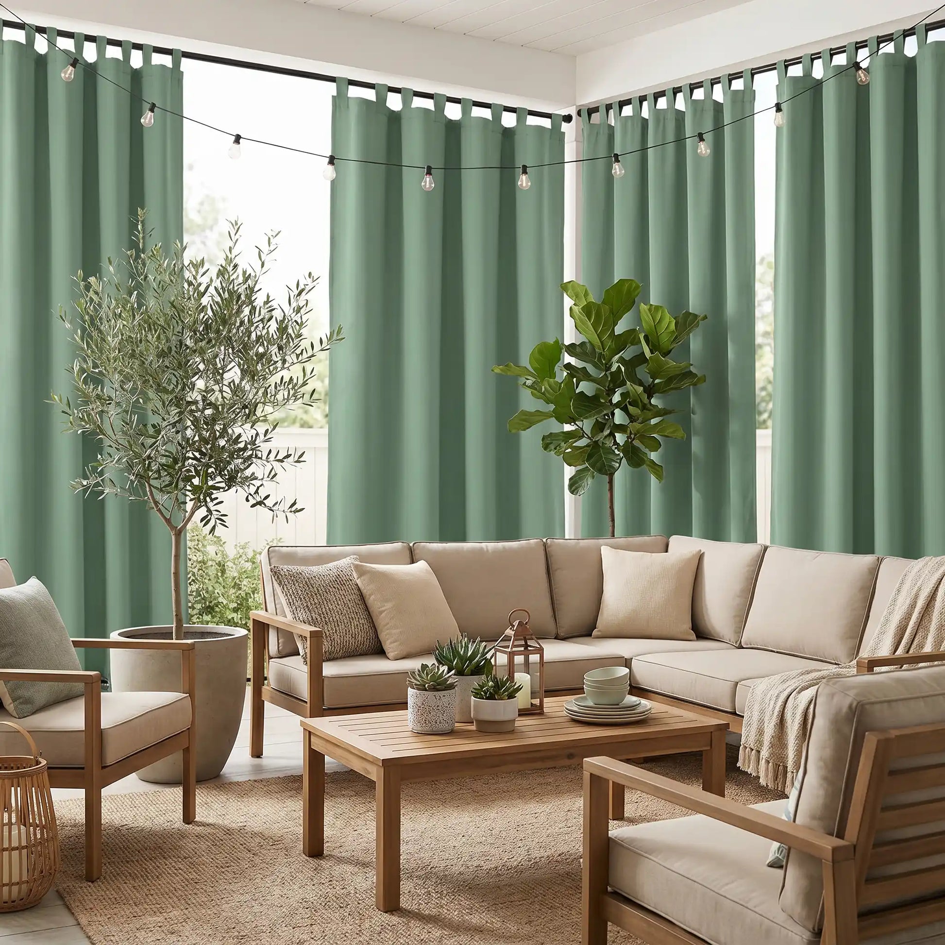 DWCN Official outdoor curtains with tab top and grommet bottom, windproof and waterproof for outdoor patio or balcony use.