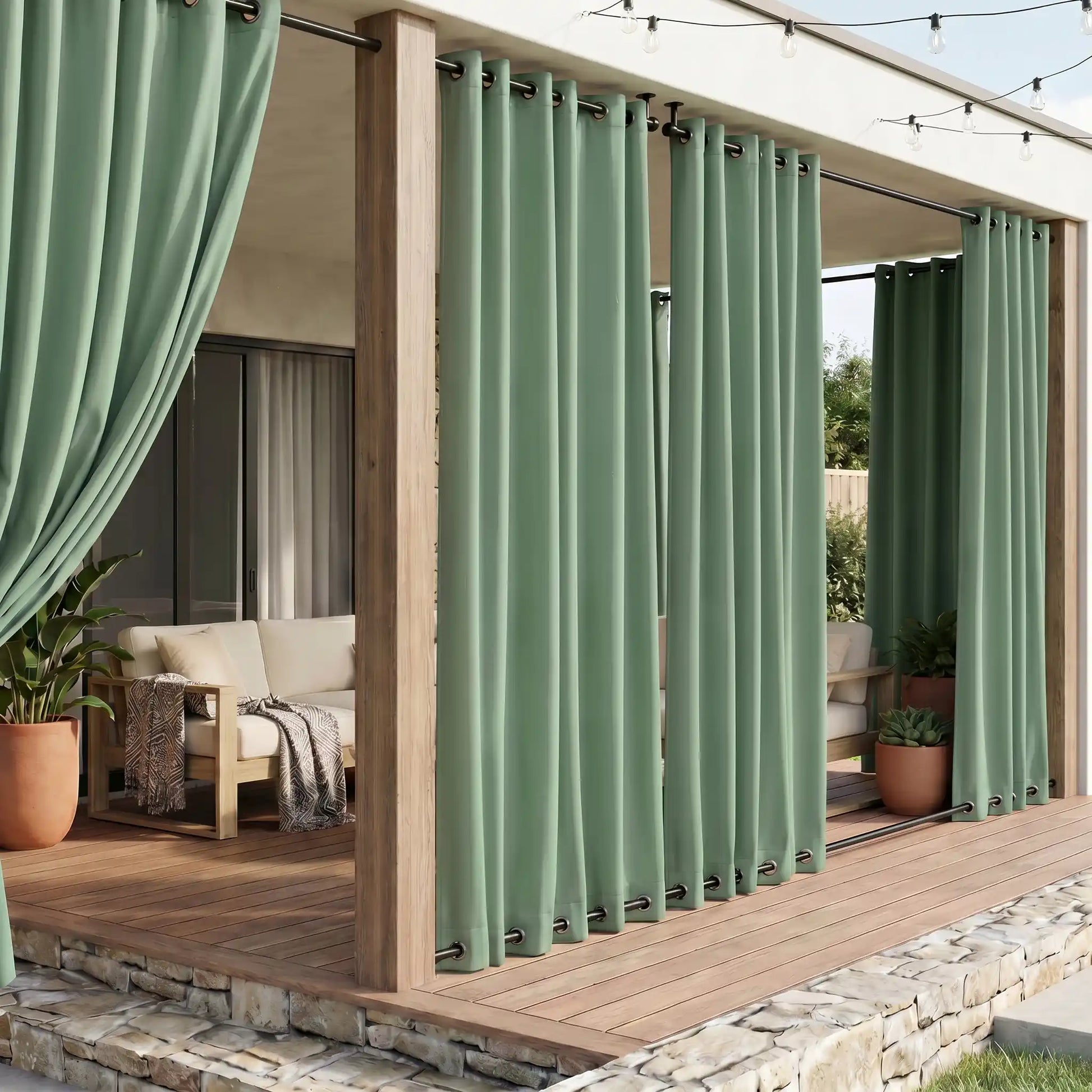 Outdoor curtains with grommet top and bottom, windproof and waterproof, by DWCN Official, shown hanging outdoors in a garden setting.