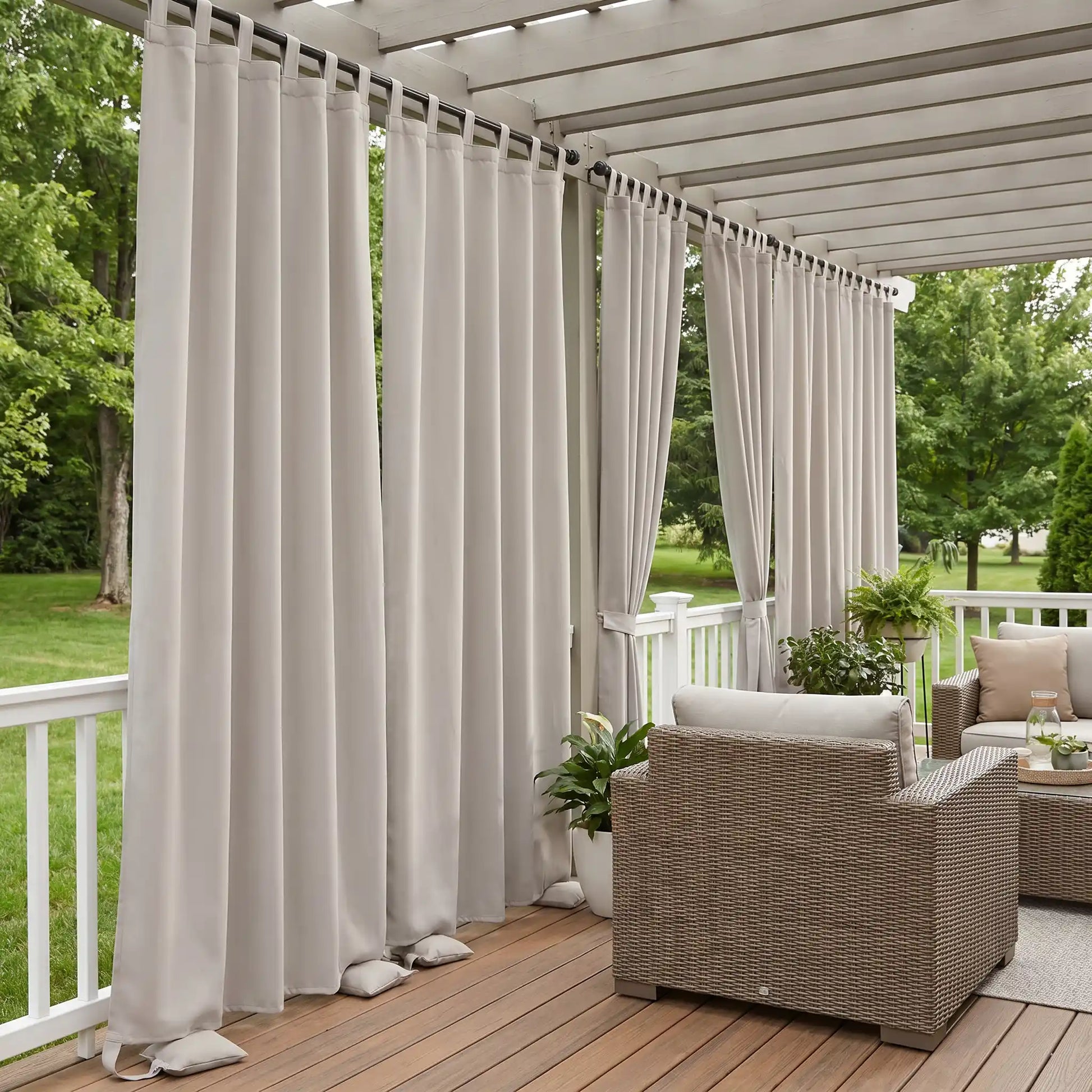 Outdoor curtain with tab top and weighted bottom, windproof and waterproof, by DWCN Official, shown hanging outdoors.
