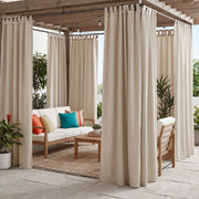 Windproof and waterproof outdoor curtain with tab top and ropes, designed for outdoor weather protection by DWCN Official.