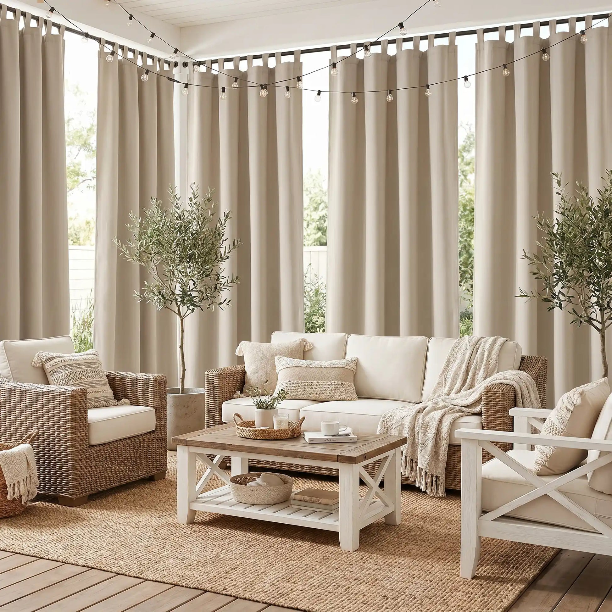 Outdoor curtains by DWCN Official featuring tab top and grommet bottom, windproof and waterproof fabric for outdoor use.