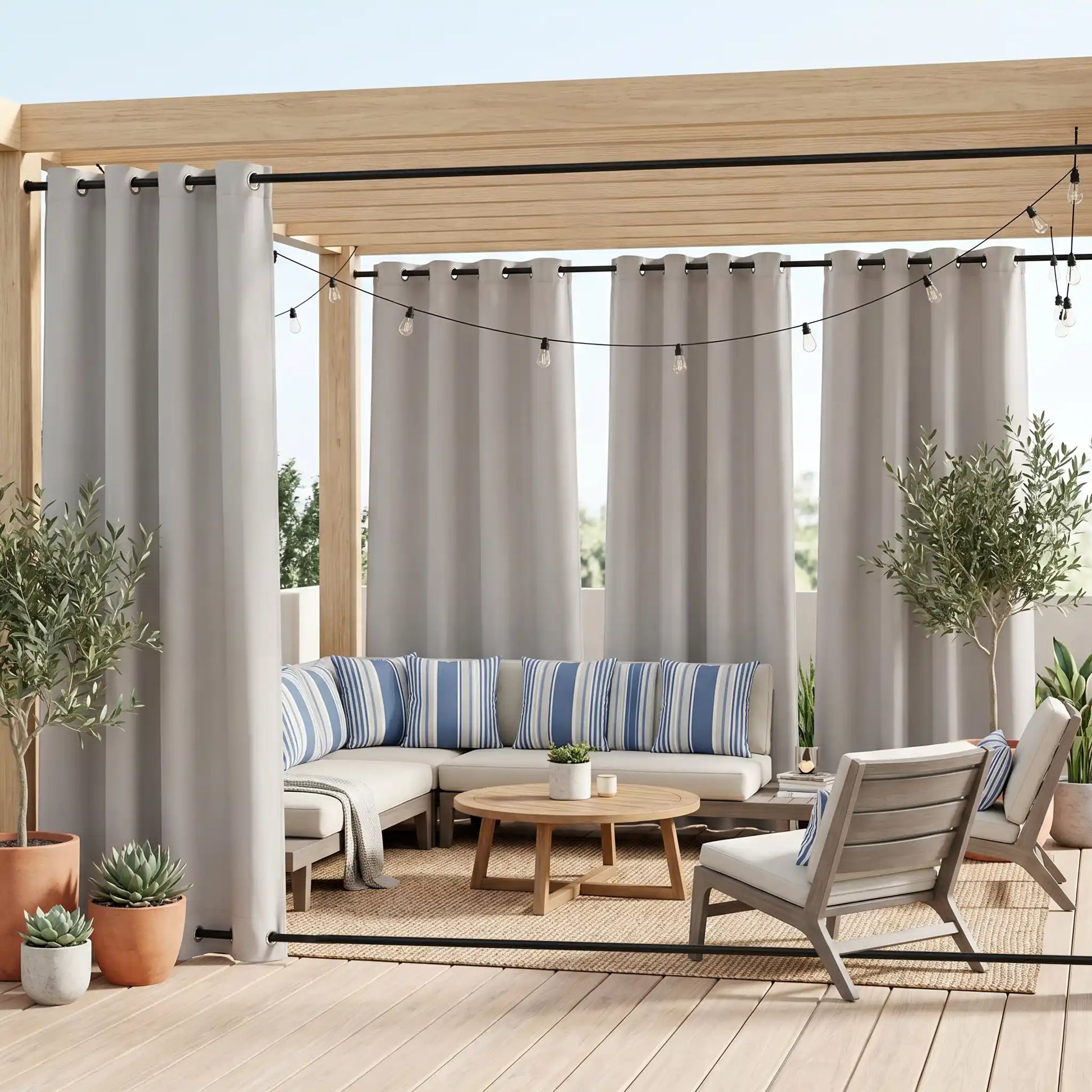 Outdoor curtains with grommet top and bottom, waterproof and windproof by DWCN Official, shown hanging outdoors with fabric detail.