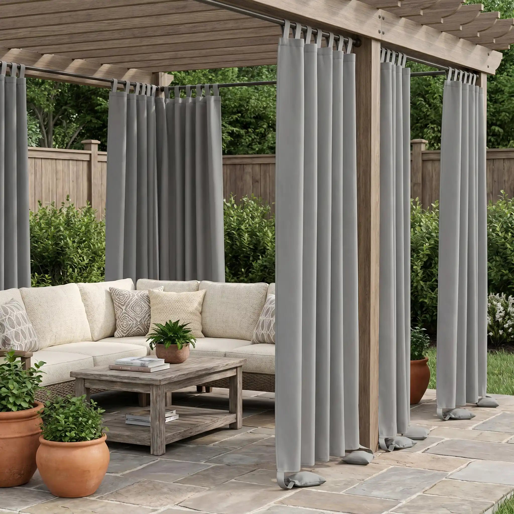 DWCN Official outdoor curtain with tab top and weighted bottom, windproof and waterproof fabric for outdoor weather protection.