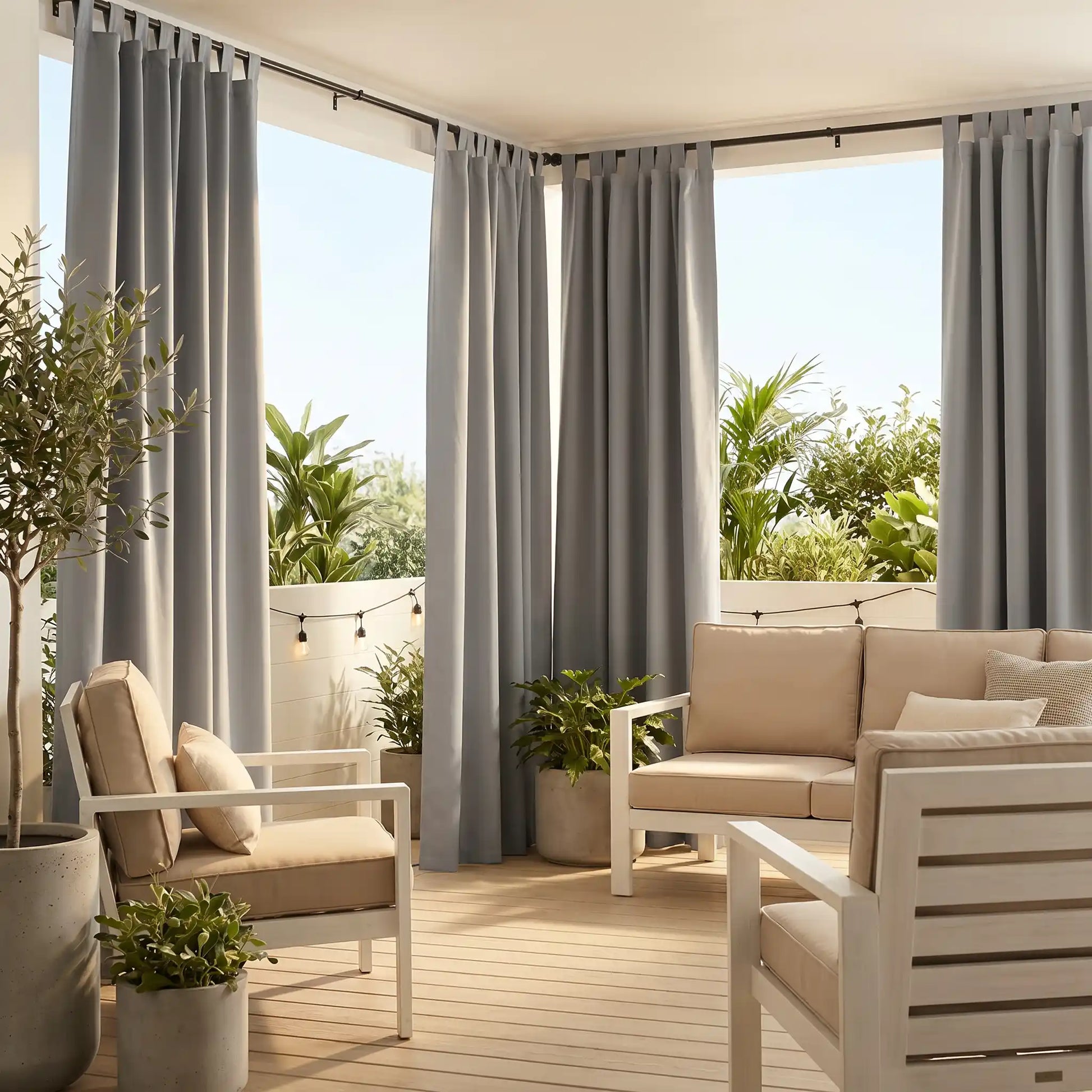 DWCN Official outdoor curtain with tab top and ropes, windproof and waterproof fabric for outdoor weather protection.