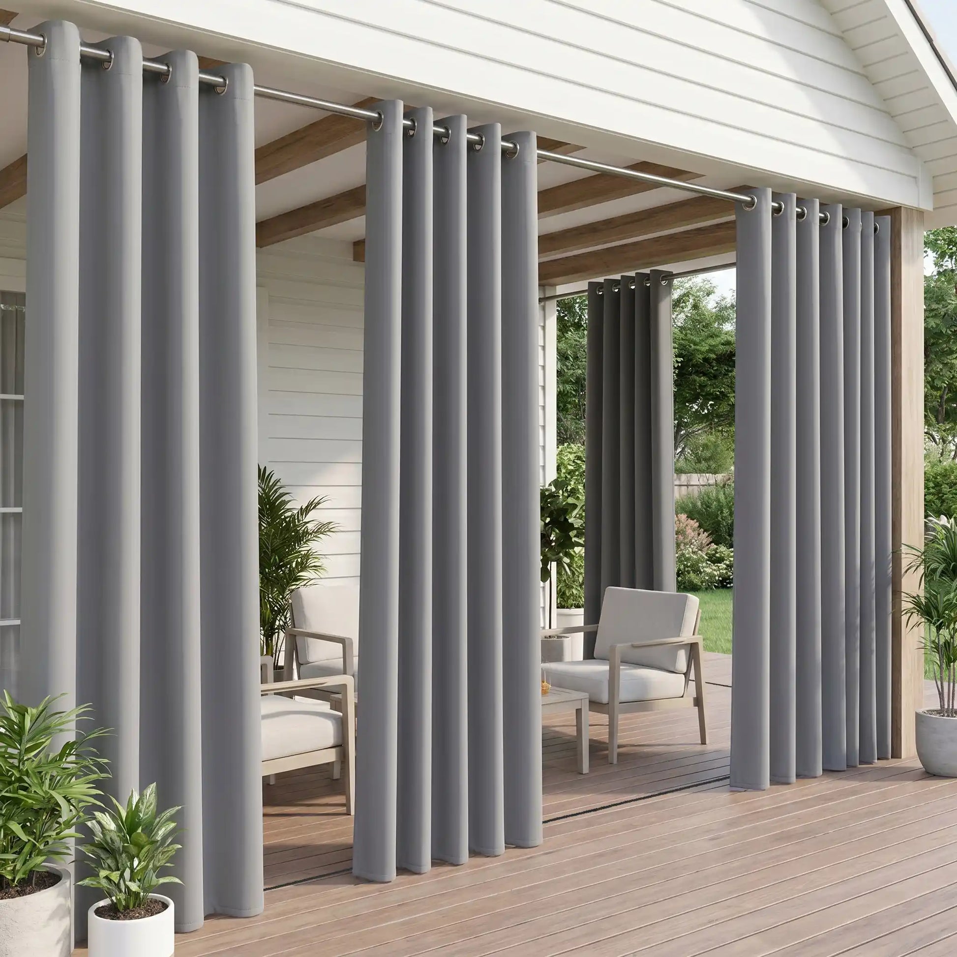 Outdoor curtain with grommet top and ropes, windproof and waterproof, by DWCN Official, showing fabric texture and curtain design