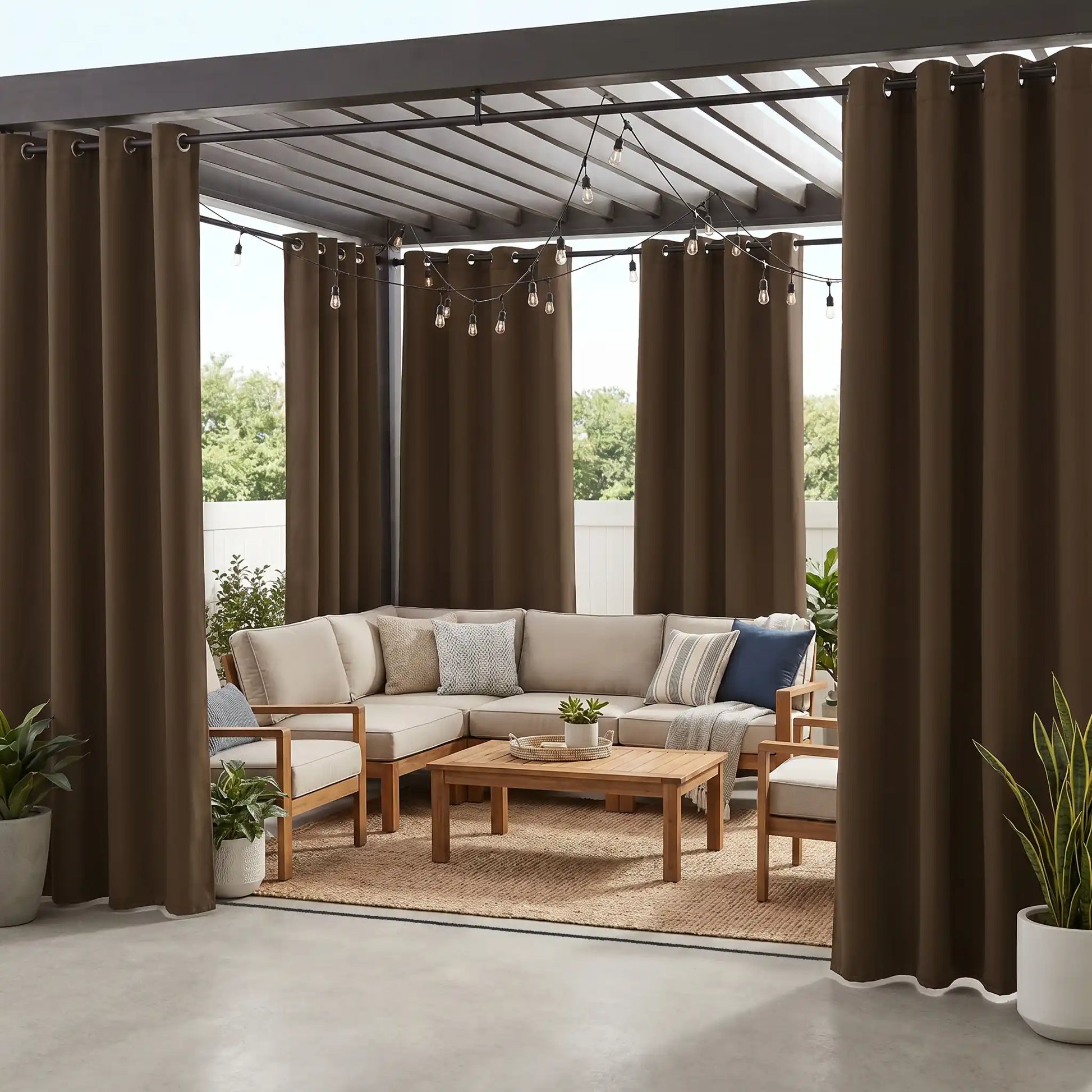 Waterproof outdoor curtain with grommet top and ropes bottom by DWCN Official, designed for windproof and weather-resistant outdoor use.