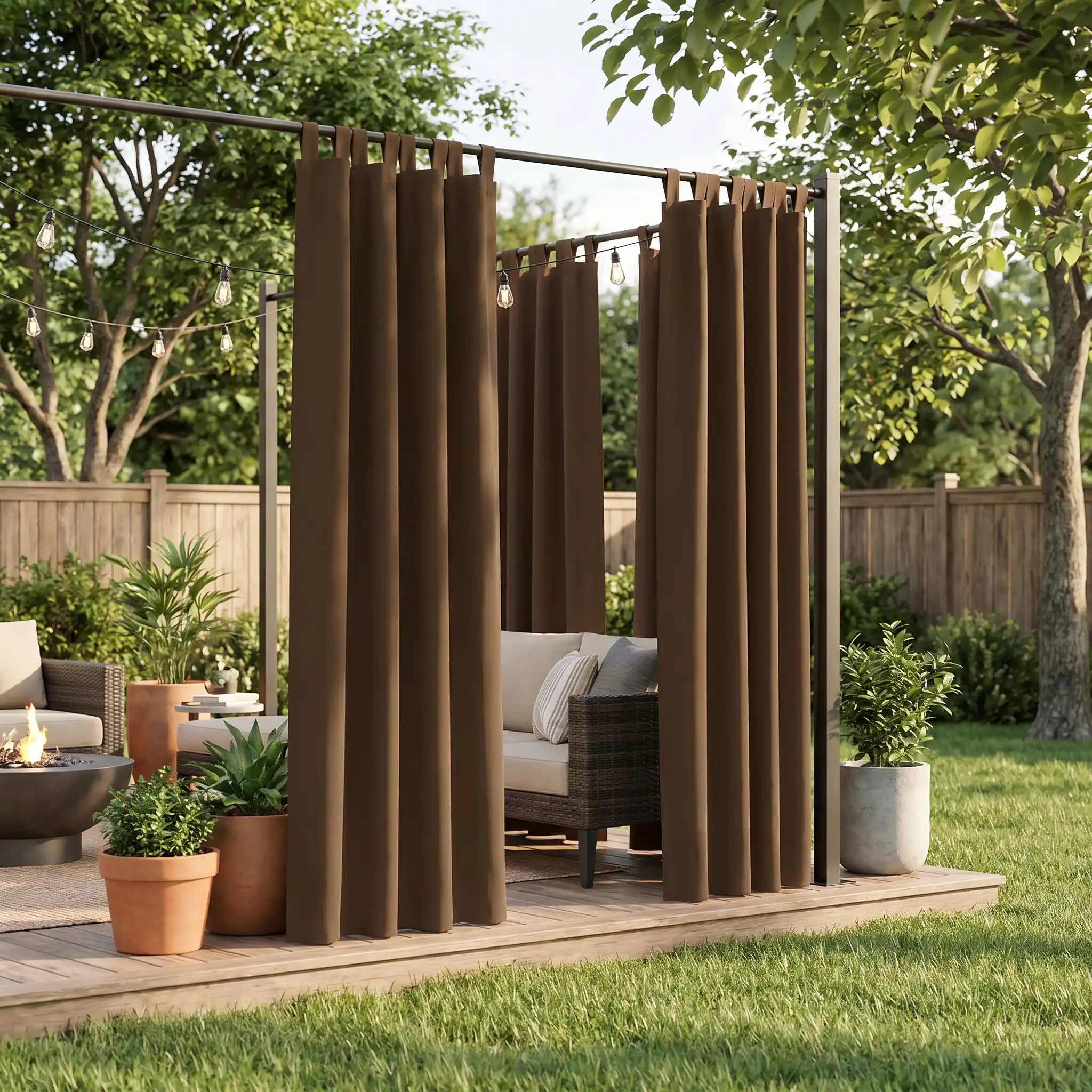 DWCN official outdoor curtain with tab top and ropes, windproof and waterproof fabric for outdoor weather protection.