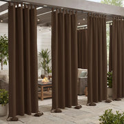 DWCN official windproof and waterproof outdoor curtain with tab top and weighted bags, ideal for weather-resistant outdoor shading.