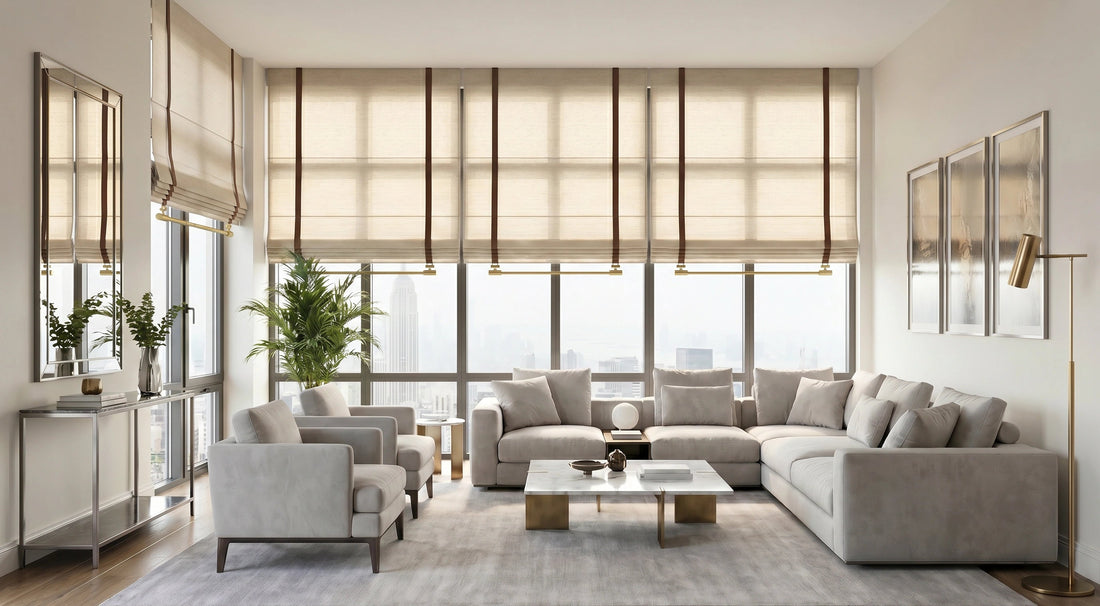 DWCN Home Roman shades for modern living rooms, featuring wide window coverage, beige panels, leather-look straps, and soft filtered city light.