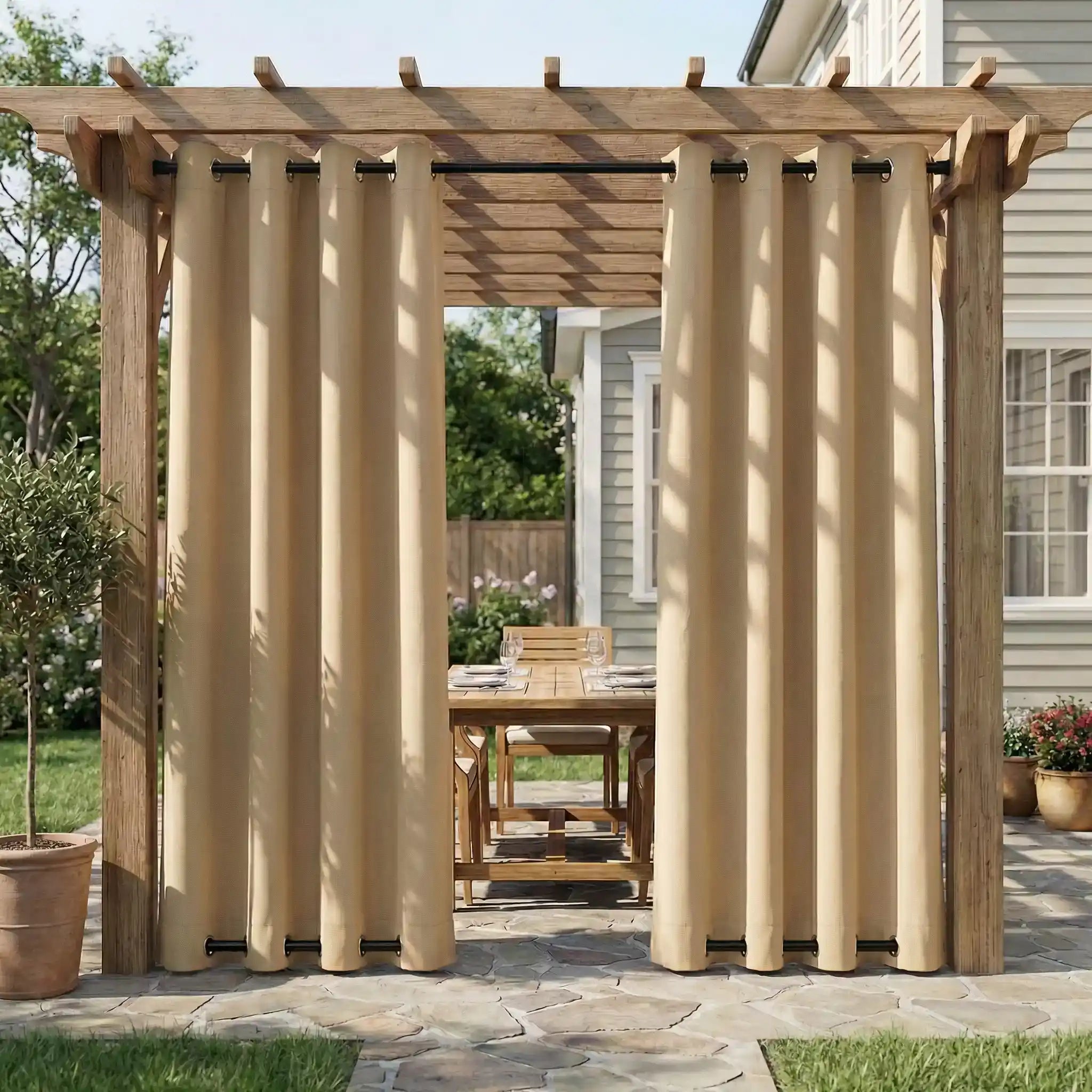 DWCN outdoor grommet top and bottom waterproof curtains, windproof fabric, ideal for patio or outdoor space protection.