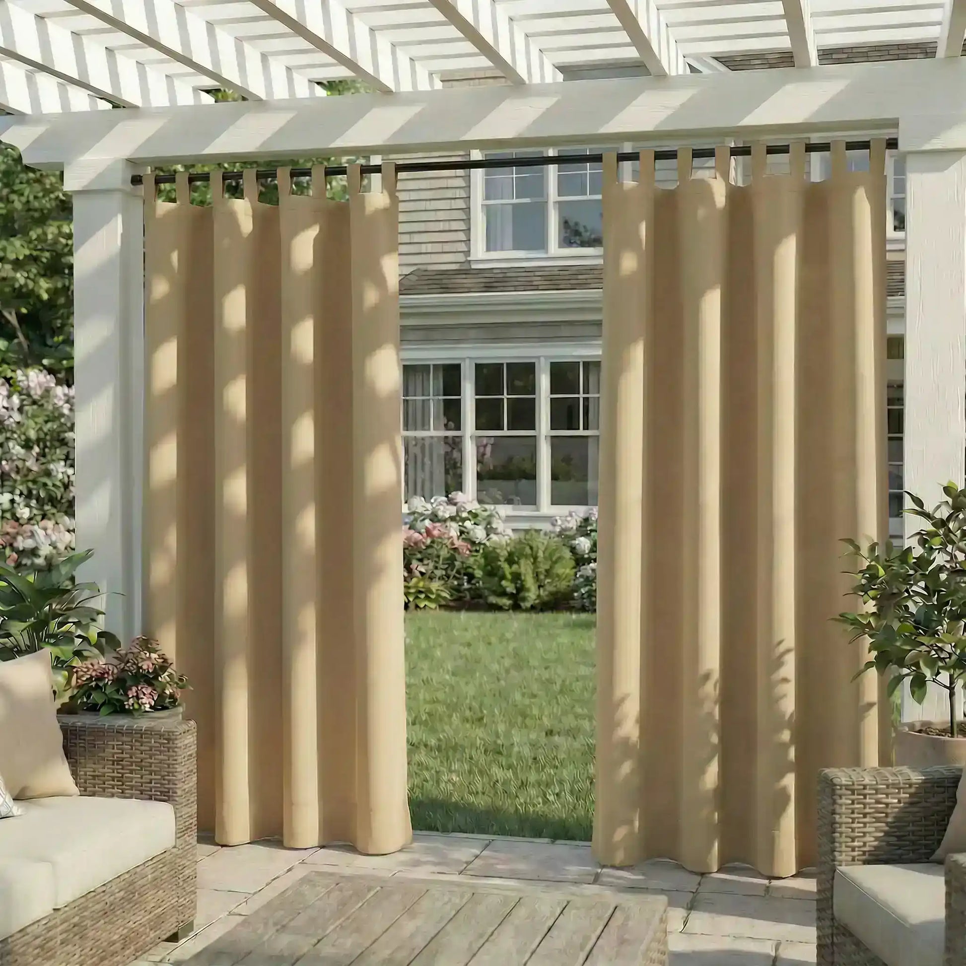 DWCN Official waterproof outdoor curtain with tab top design, suitable for patio or garden outdoor spaces