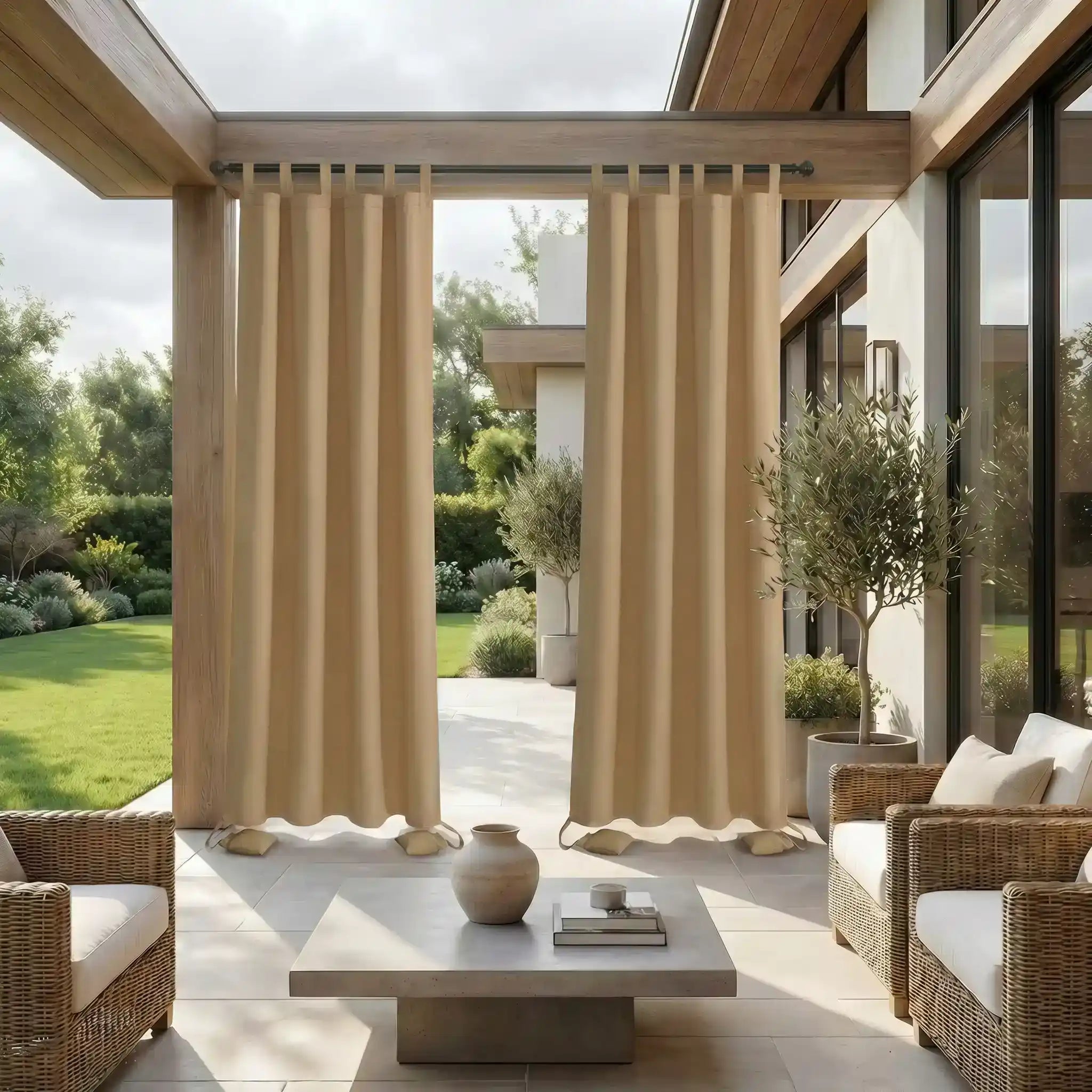 DWCN official outdoor curtain with tab top and weighted bottom, windproof and waterproof fabric for outdoor weather protection
