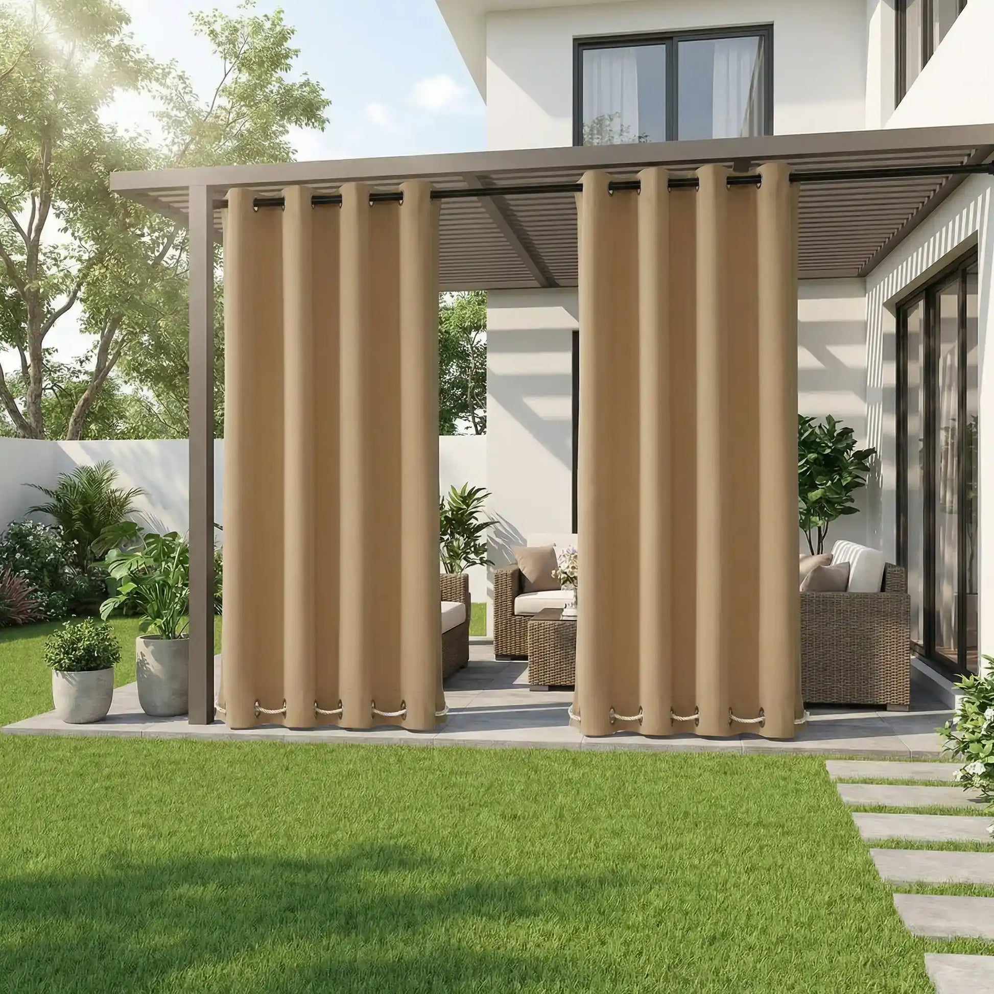 Windproof and waterproof outdoor curtain with grommet top and ropes bottom, made by DWCN Official for weather-resistant outdoor use.