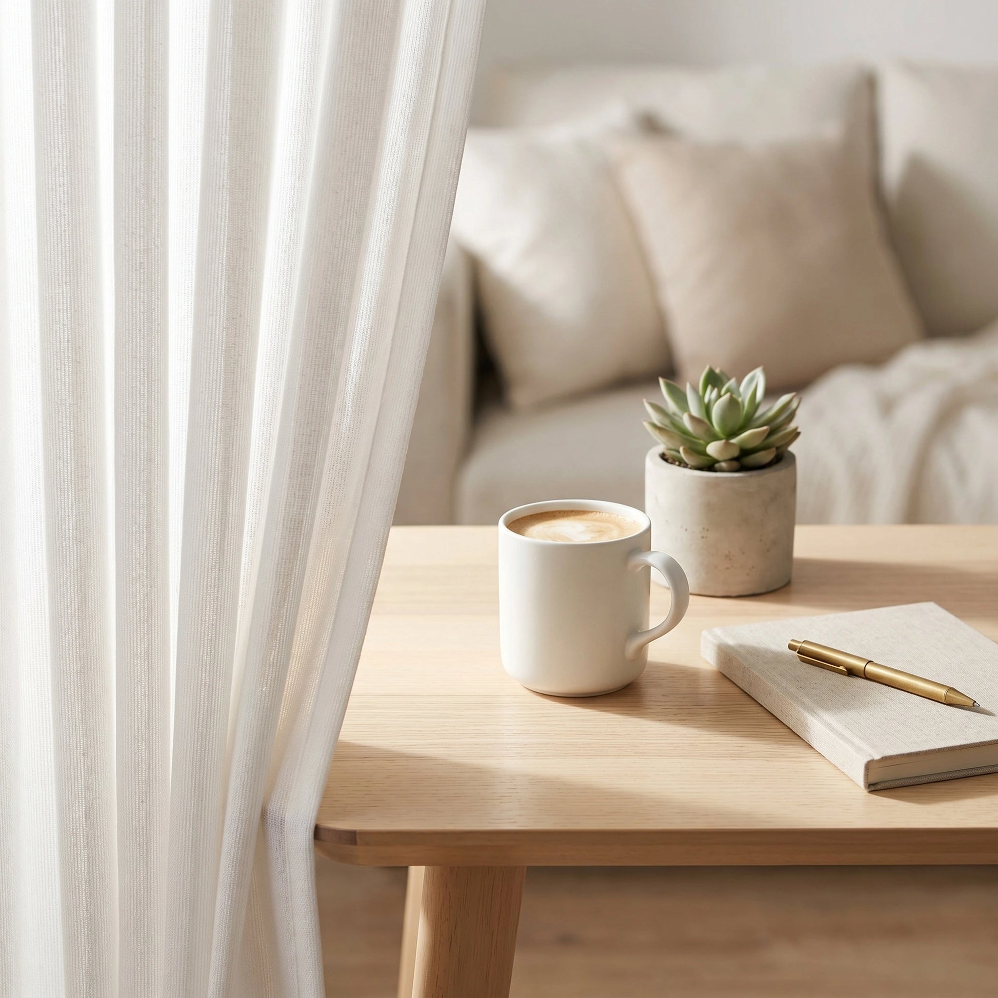 DWCN Official Selene Snow Mist linen sheer curtain hanging in a bright room, showcasing its lightweight, airy fabric and elegant design
