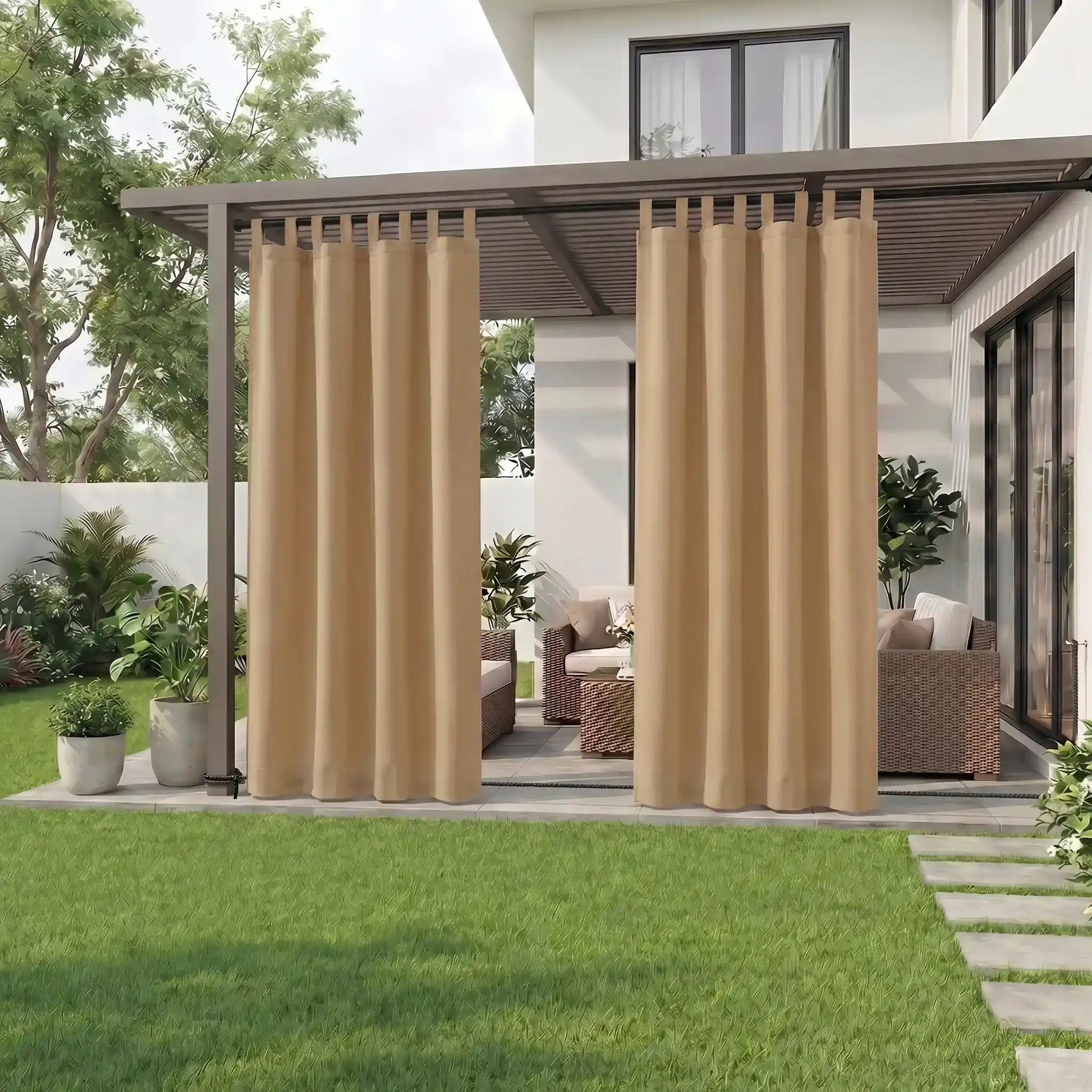 DWCN Official outdoor curtain with tab top and rope bottom, waterproof and windproof fabric for outdoor privacy and weather protection.