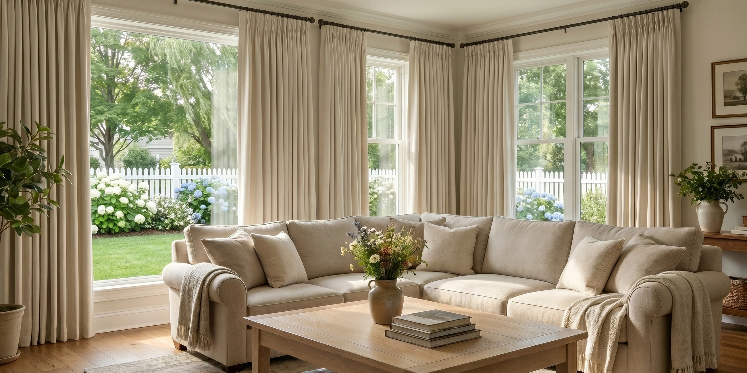 Beige floor to ceiling curtains for living room windows, offering elegant pleats, room privacy, soft daylight, and classic home decor.
