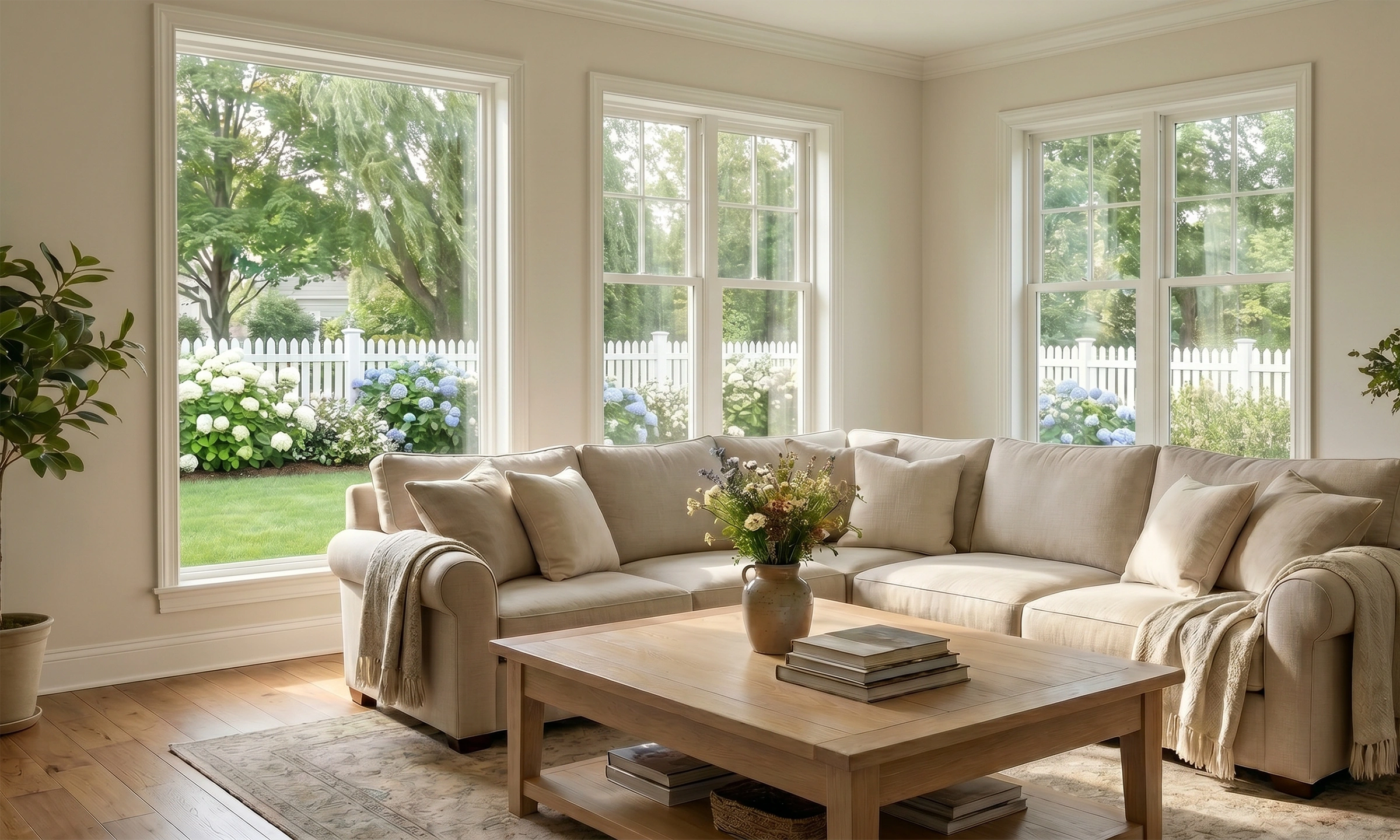 Bright living room with large uncovered windows, showing garden views and natural daylight before adding custom window curtains.