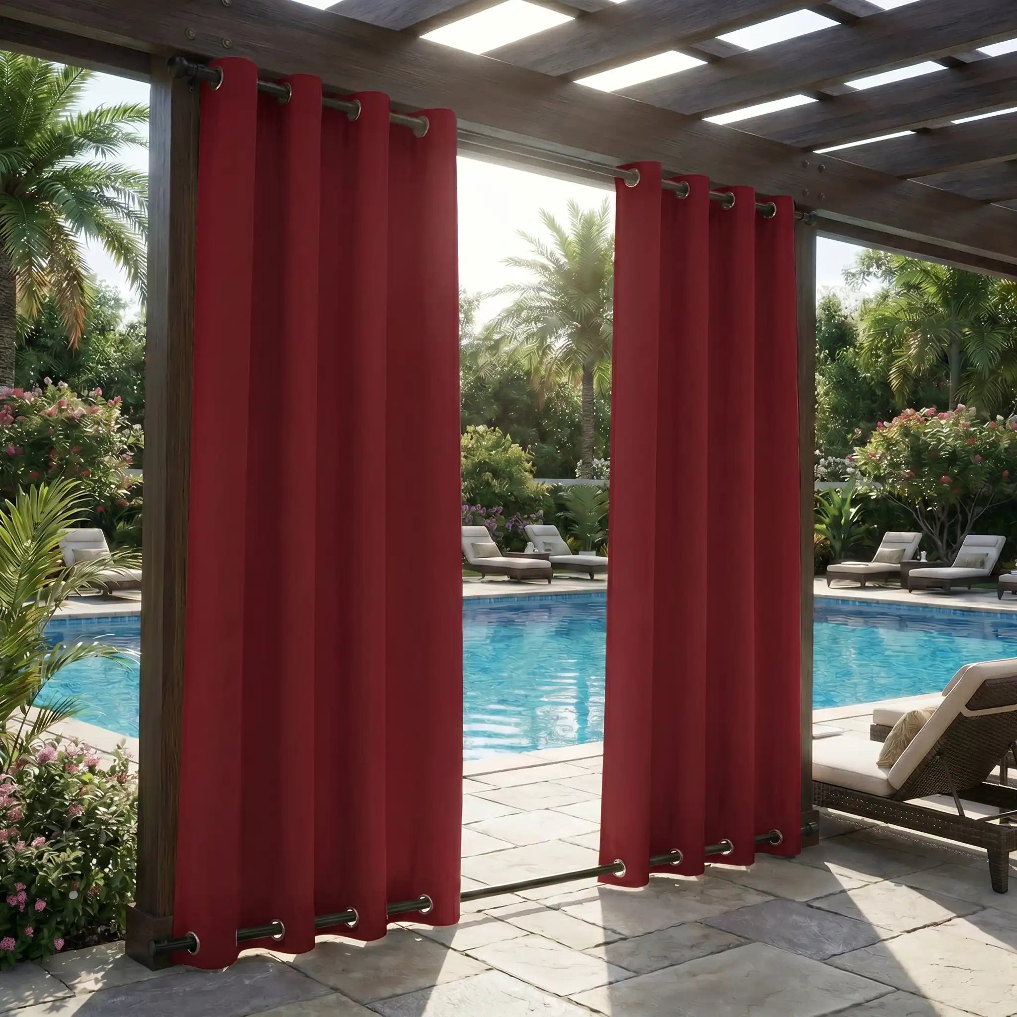 Outdoor curtains with grommet top and bottom, waterproof and windproof, by DWCN Official, hanging outdoors with fabric panels.