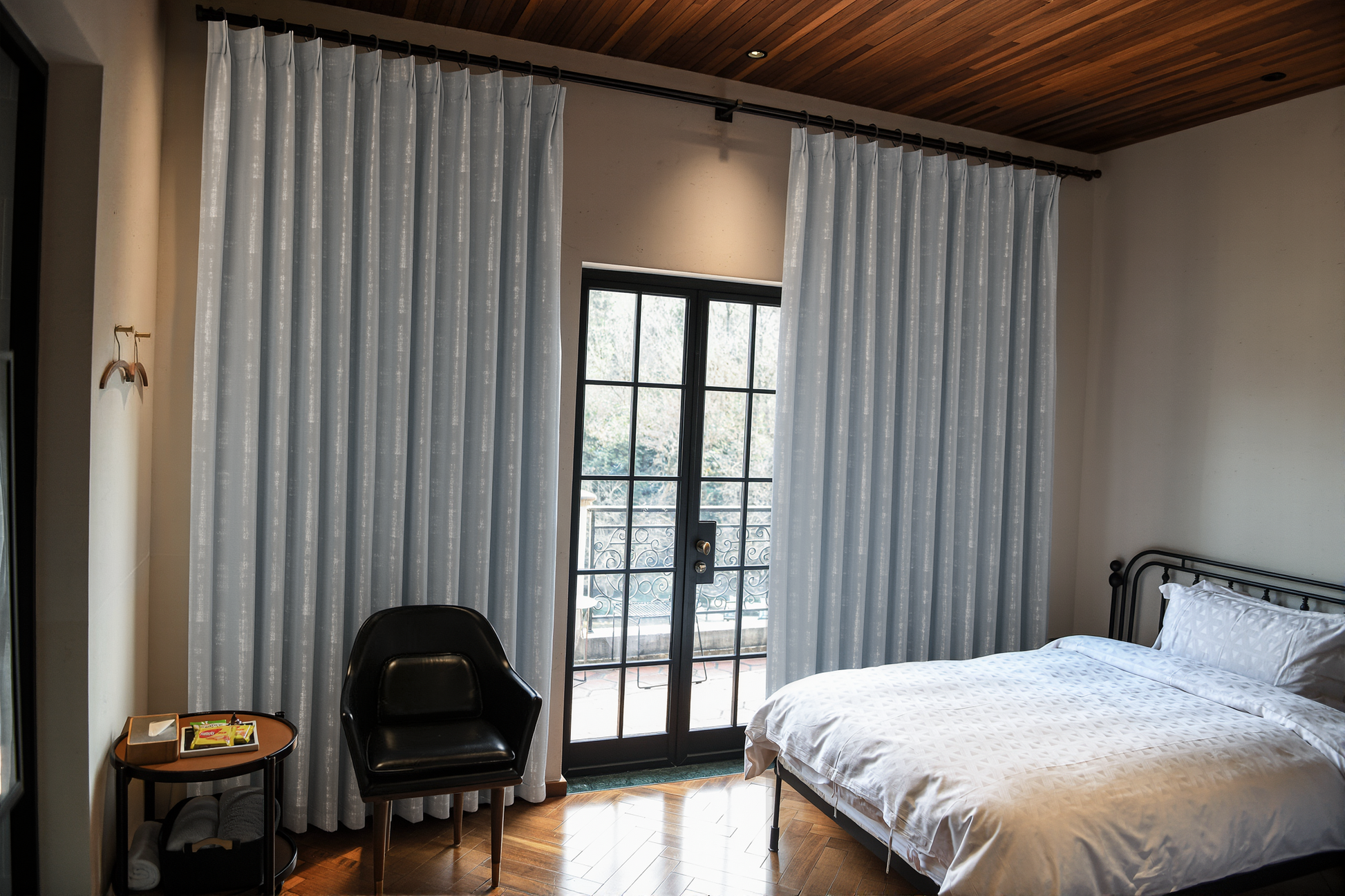 Aqua cotton curtain with embroidered pattern from DWCN Official, featuring elegant floral embroidery and lightweight fabric.