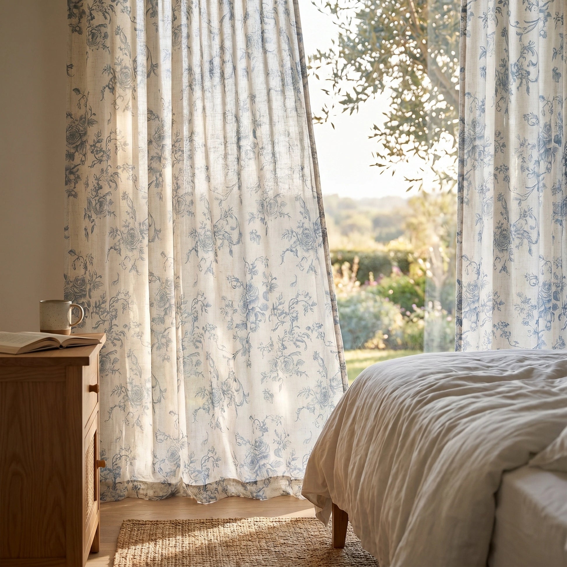 DWCN Official Antheia Millefiori patterned linen curtains with colorful floral designs hanging on a window.
