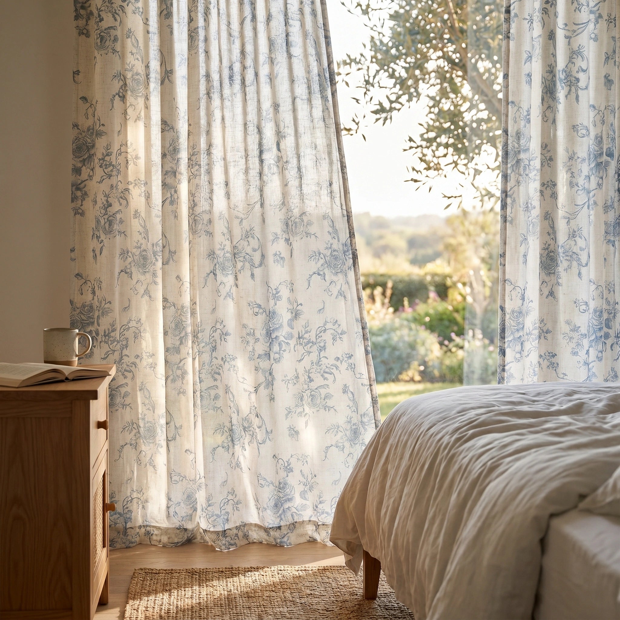DWCN Official Antheia Millefiori patterned linen curtains with colorful floral designs hanging on a window.