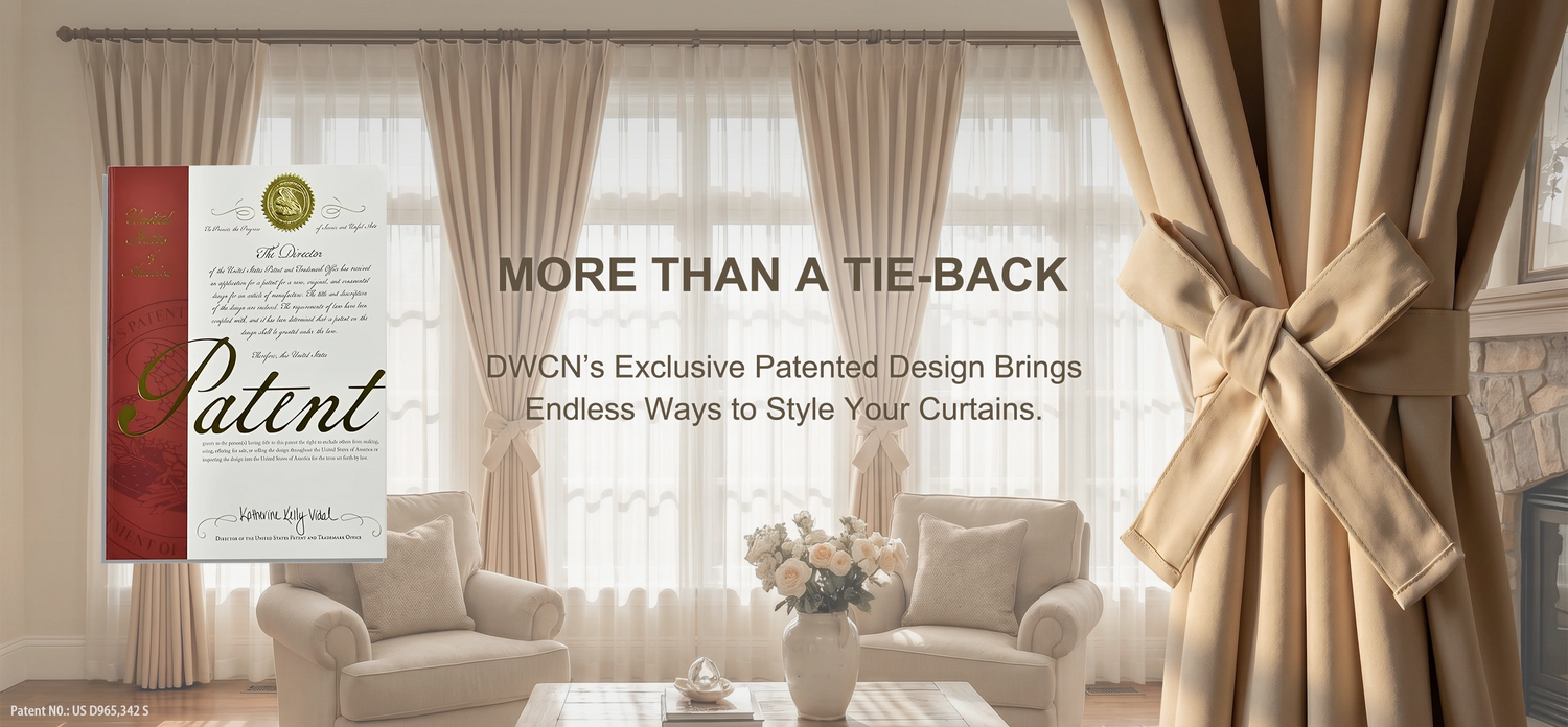 DWCN patented curtain tie back design for custom window curtains, showing beige drapes styled with elegant bows and decorative window curtain details.