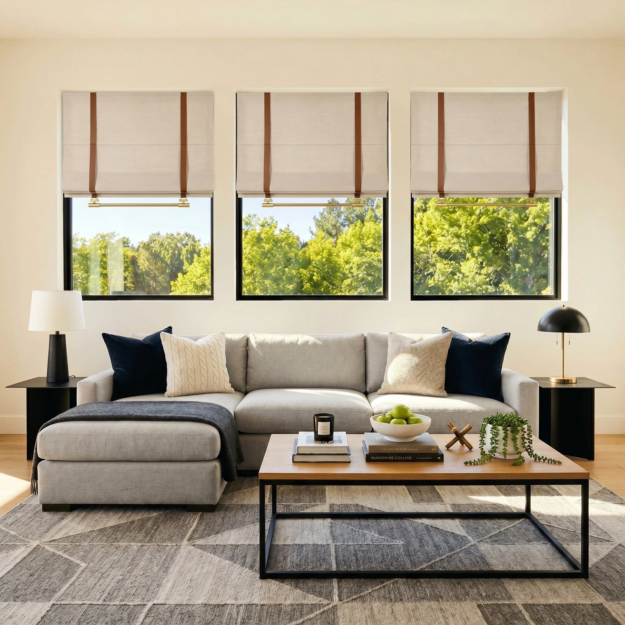 Custom linen Roman shades by DWCN Official featuring elegant, layered fabric in a neutral color, ideal for window decor.