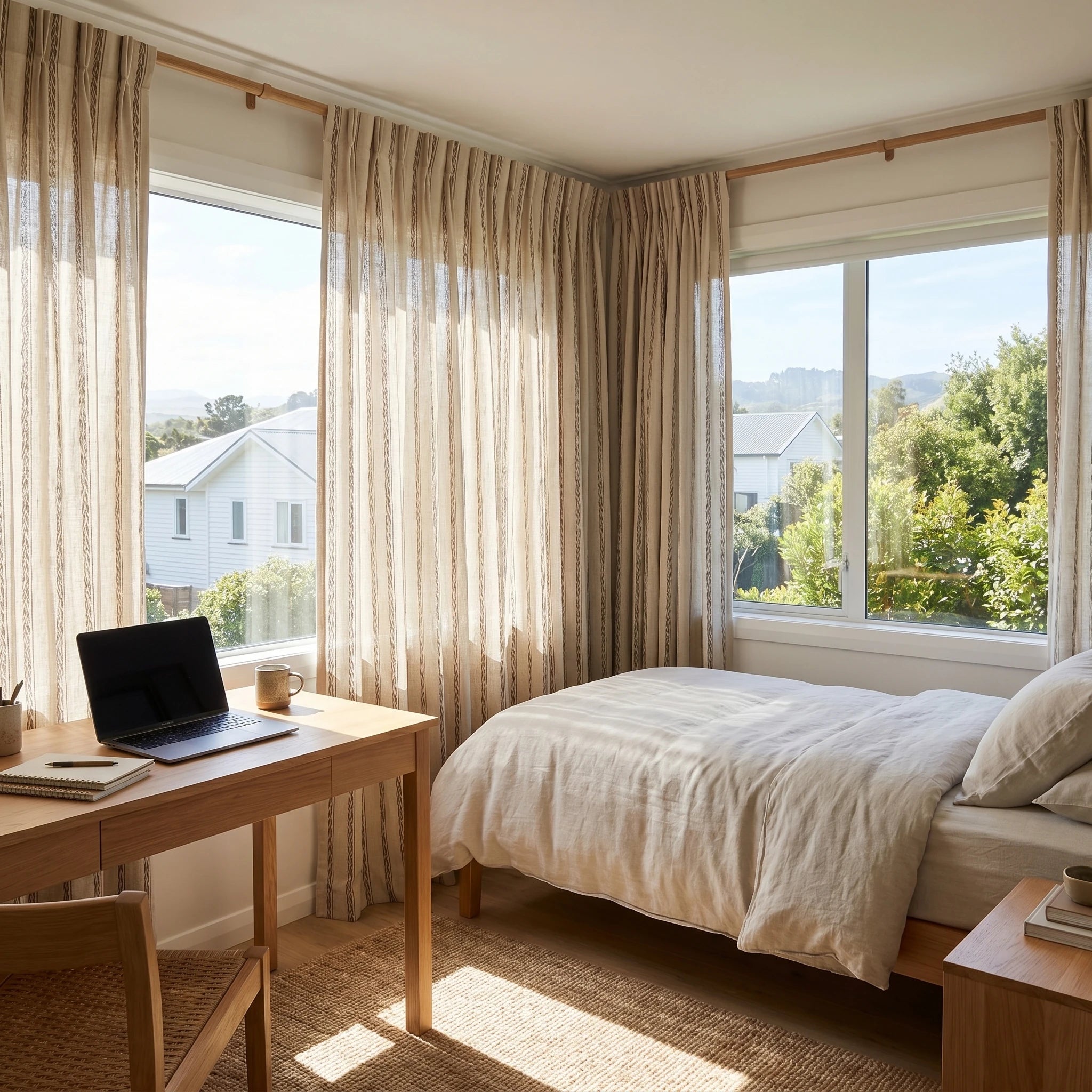 Demeter Aurata patterned linen curtains by DWCN Official featuring vibrant, artistic designs on light linen fabric.