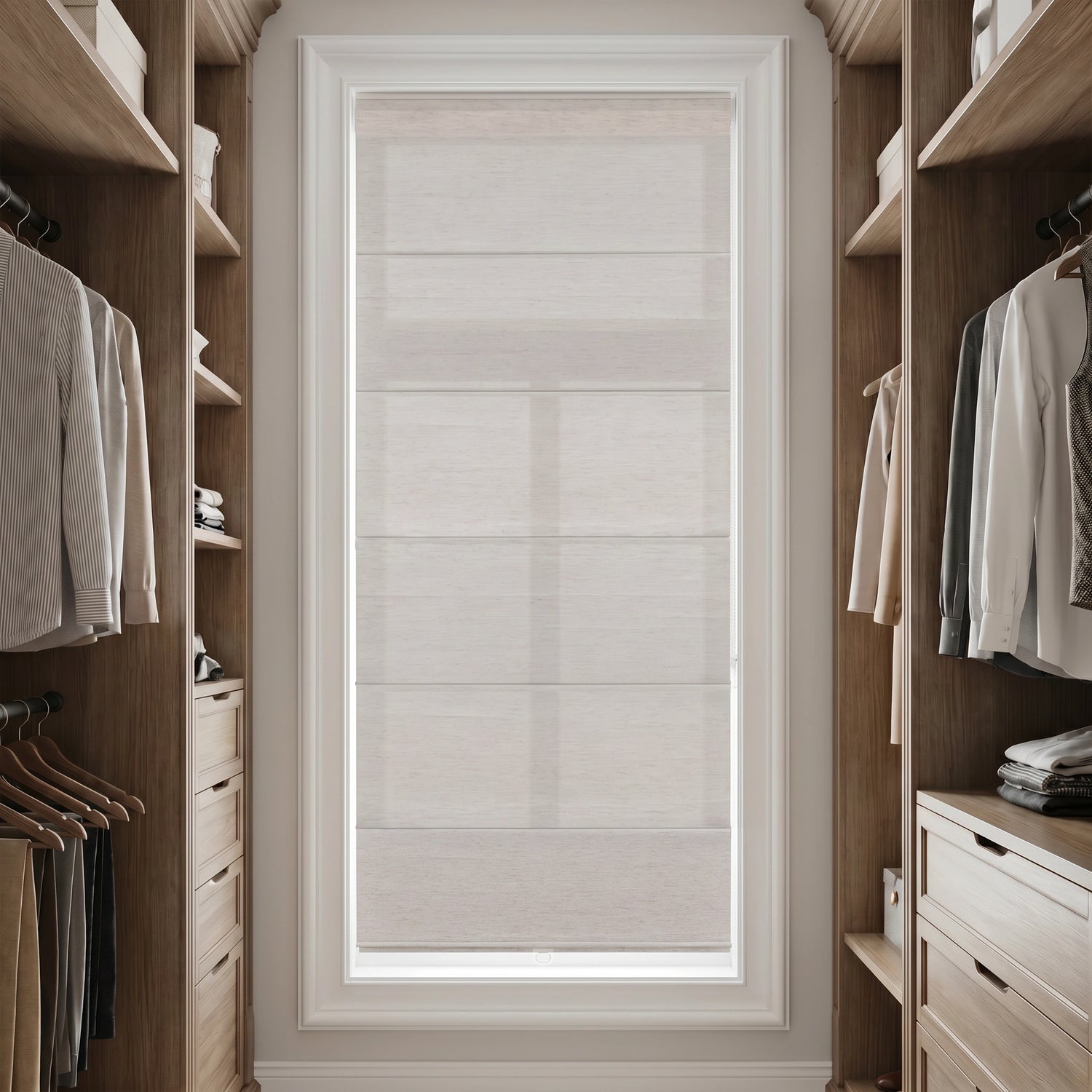 Custom DWCN Official Hestia Roman Shades with cordless design, featuring elegant fabric and sleek, modern window treatment.