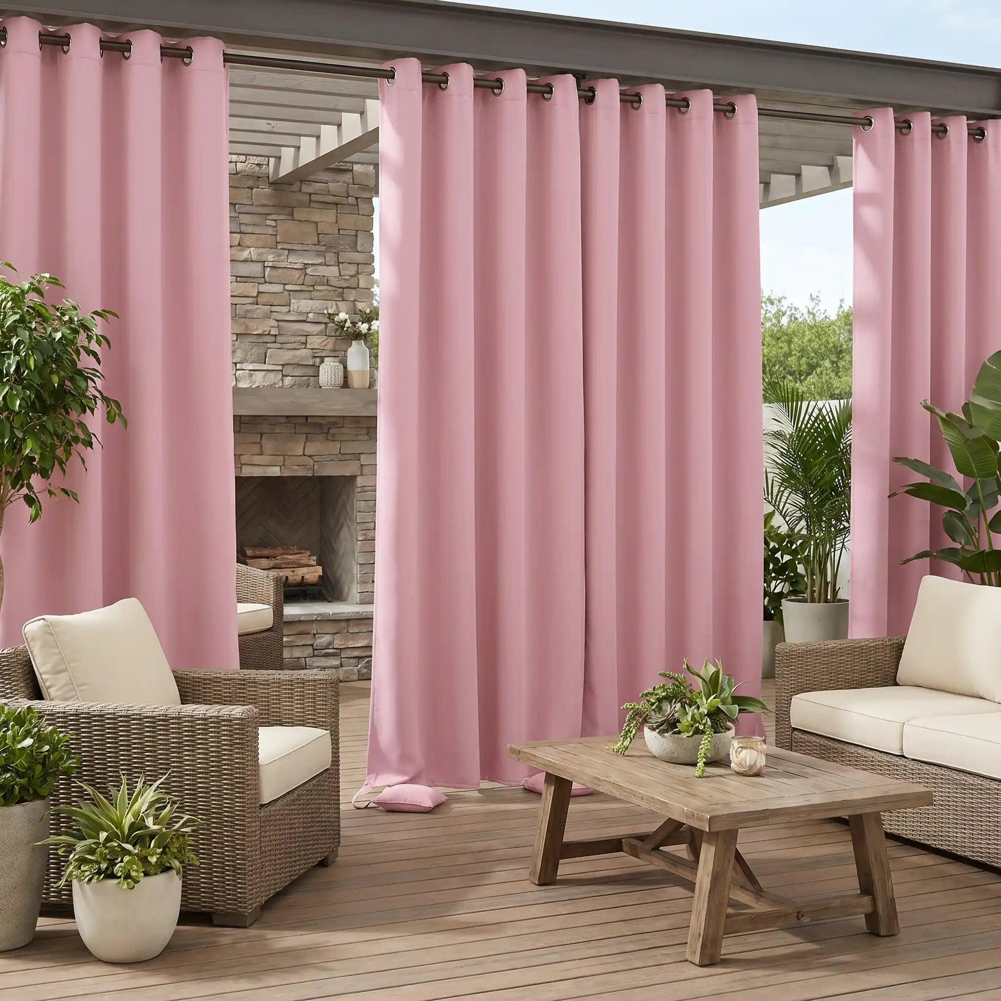 Outdoor waterproof curtain with grommet top and weighted bottom bags, windproof design by DWCN Official.