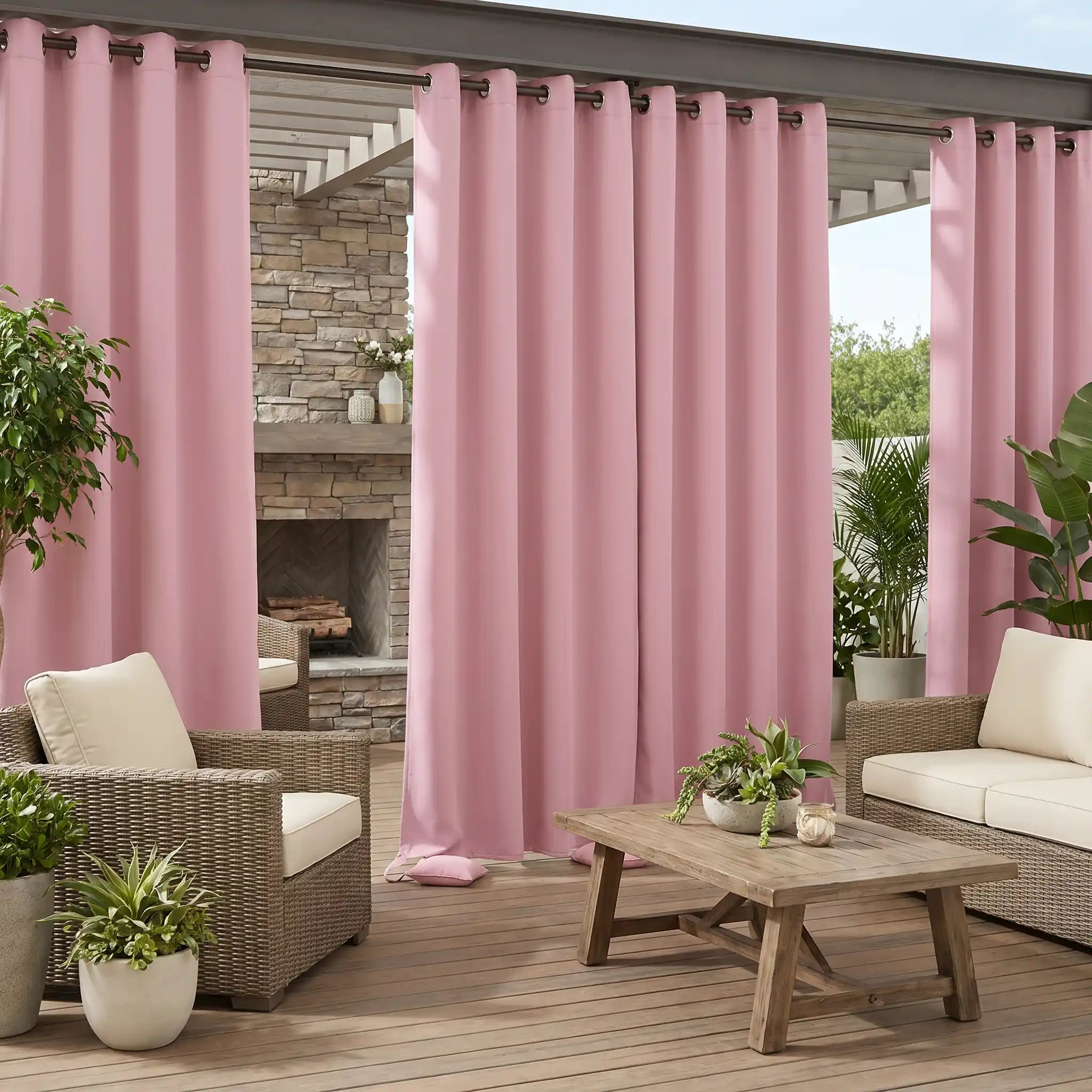 Outdoor waterproof curtain with grommet top and weighted bottom bags, windproof design by DWCN Official.