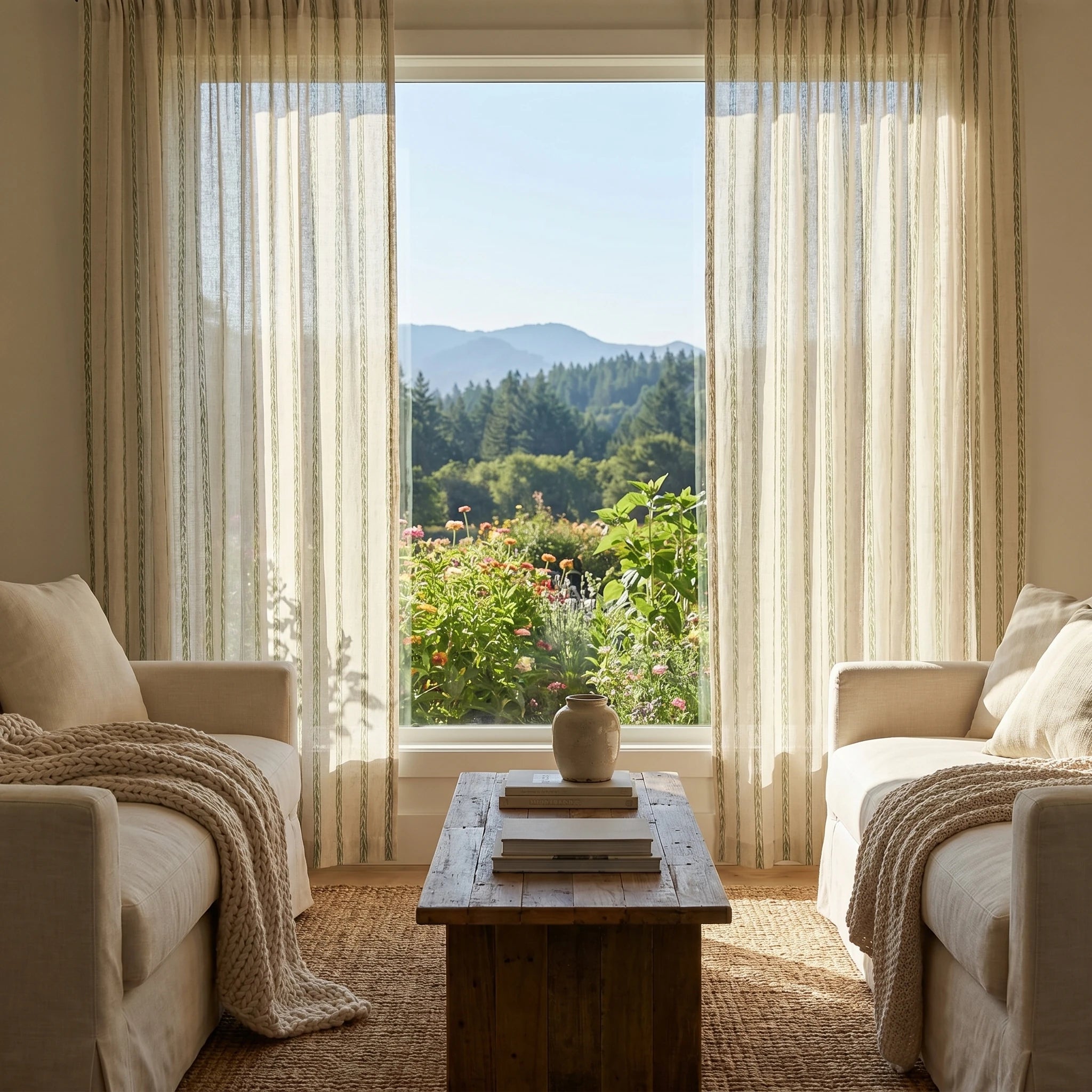 Demeter Aurata patterned linen curtains by DWCN Official hanging on a window with a yellow and white geometric design.