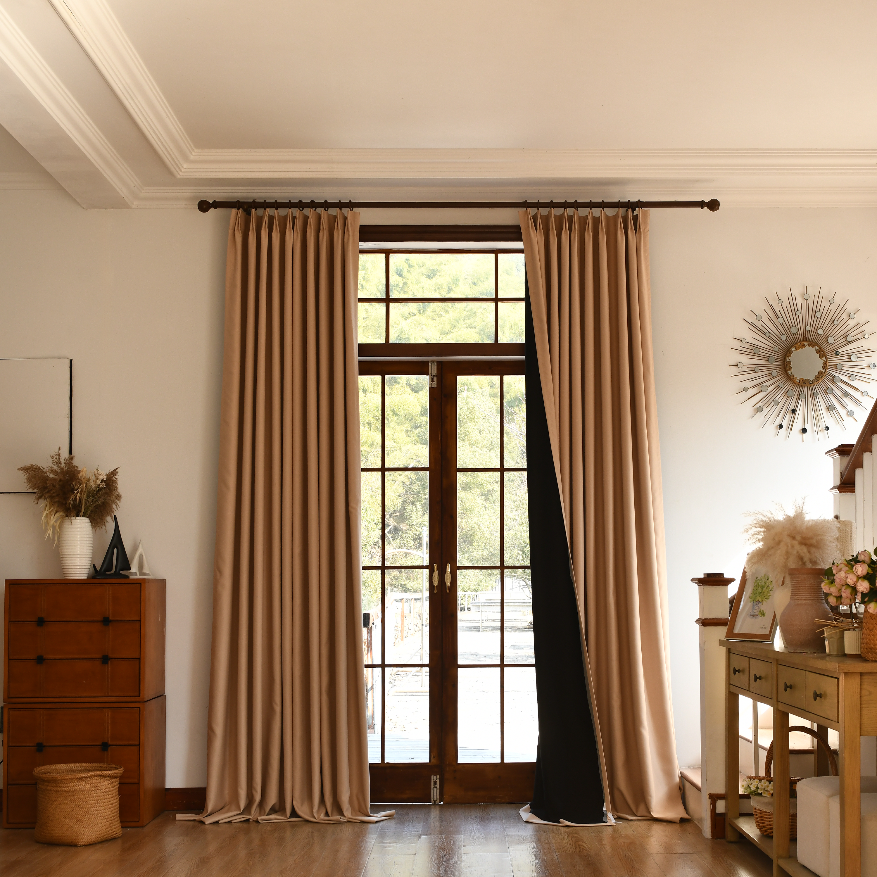 Black silk-fiber curtains from DWCN Official, designed for total blackout and privacy in a modern home interior.