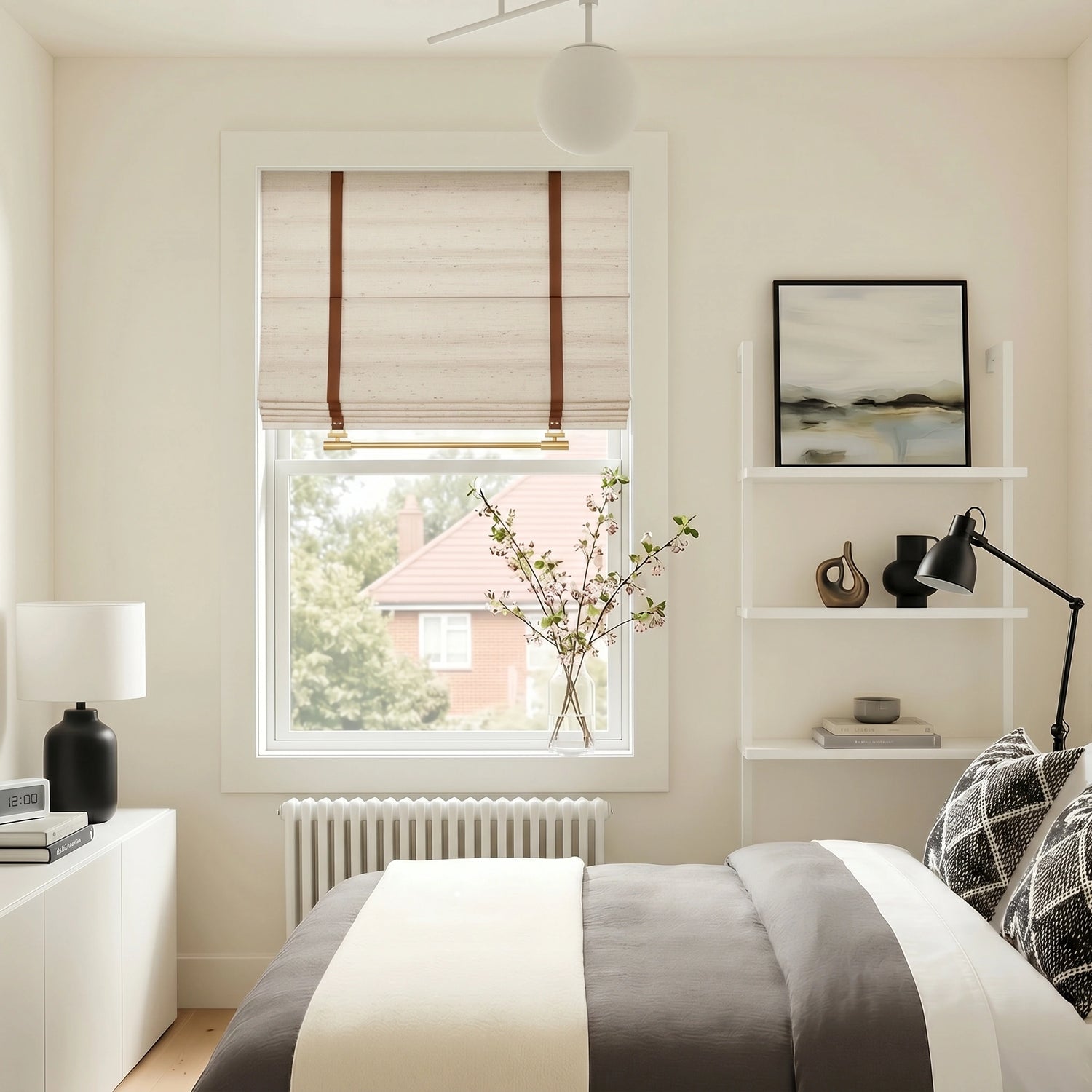 Beatrice custom linen Roman shades by DWCN Official featuring soft fabric and elegant folding design for window decor.