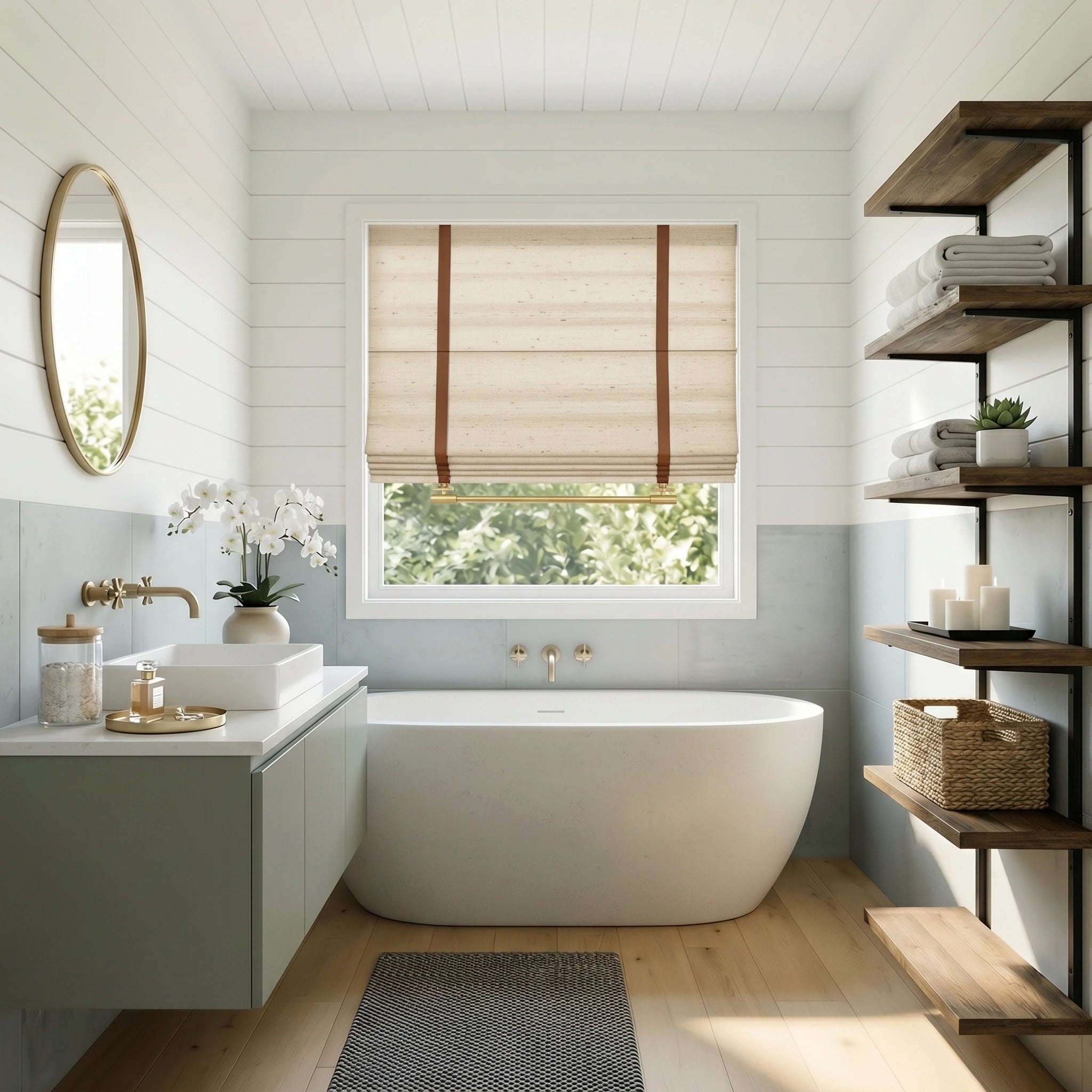 Beatrice custom linen Roman shades by DWCN Official featuring soft, natural fabric and elegant fold design for window decor