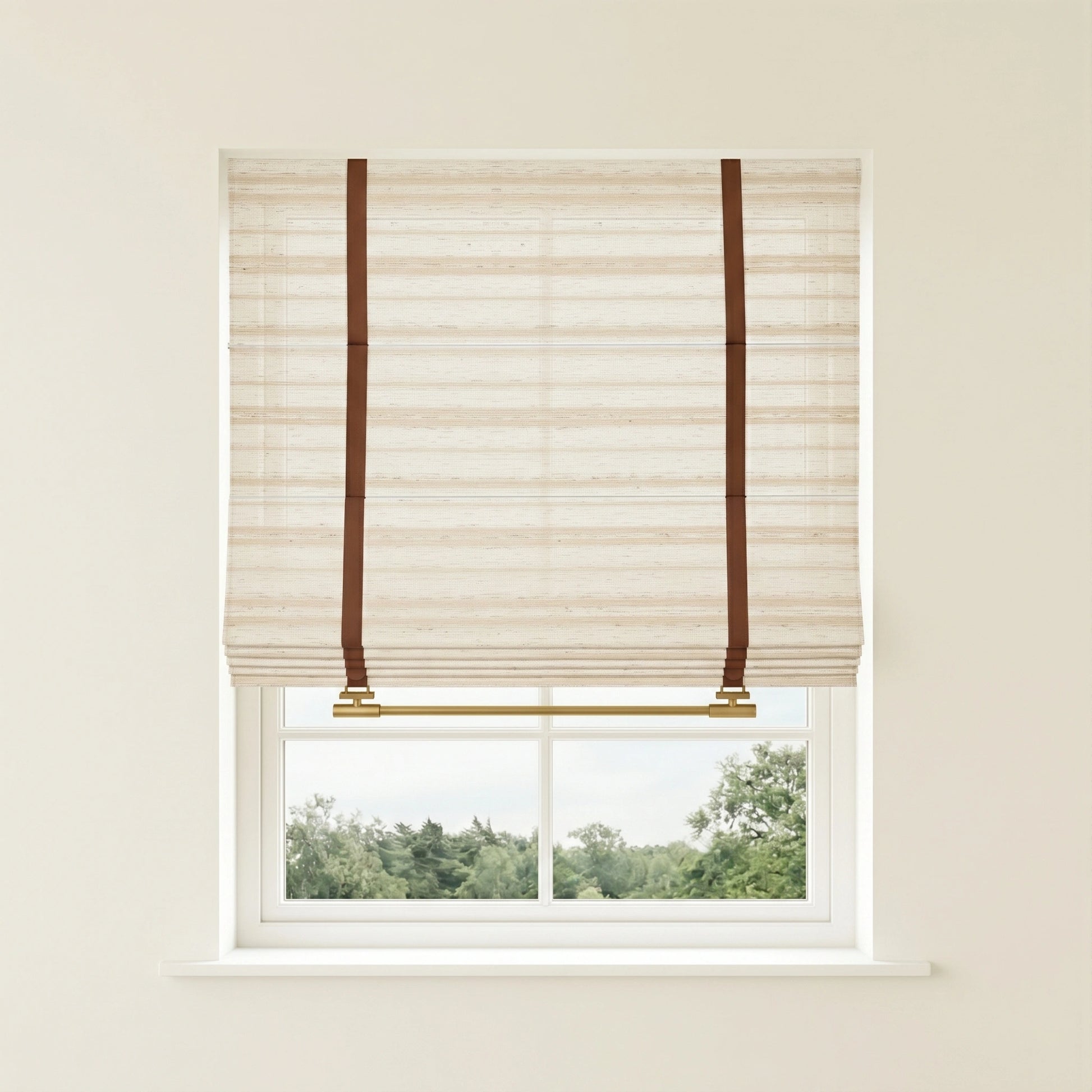 Beatrice custom linen Roman shades by DWCN Official, featuring elegant, natural fabric with neatly folded pleats and a classic design.