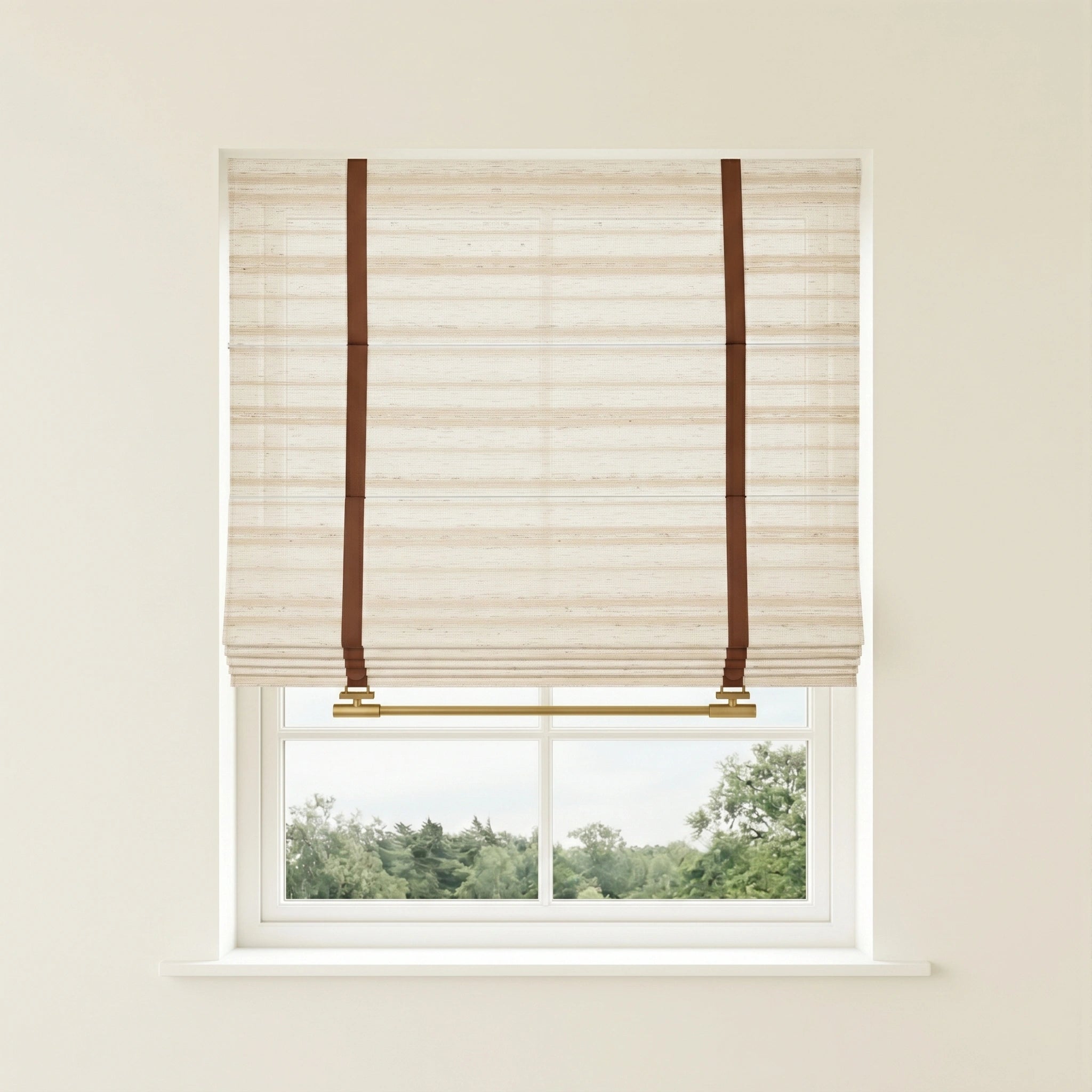 Beatrice custom linen Roman shades by DWCN Official, featuring elegant, natural fabric with neatly folded pleats and a classic design.