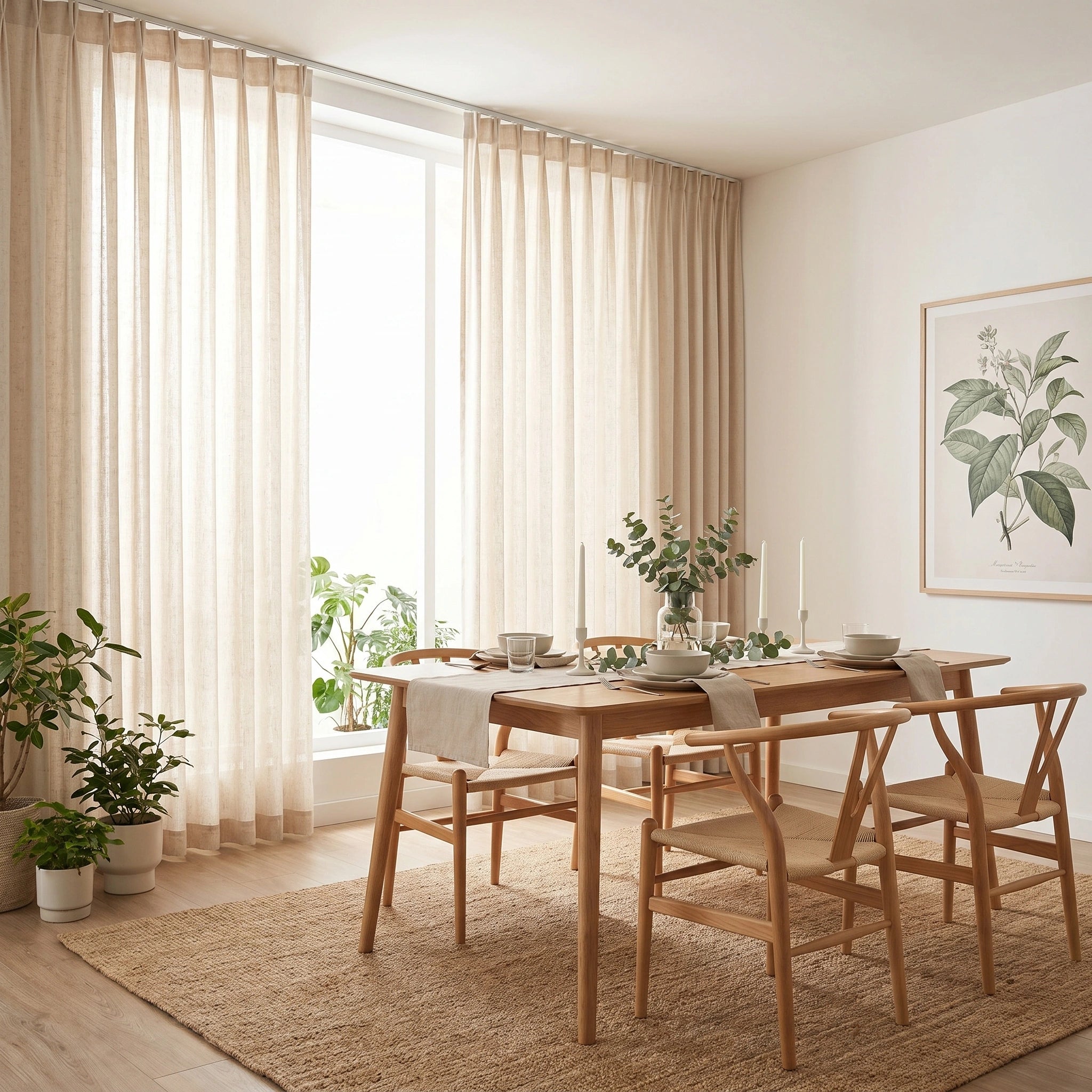Light beige Rhea Natural Flax Slub Linen Sheer Curtain by DWCN Official hanging on a window, showcasing its airy, textured fabric.