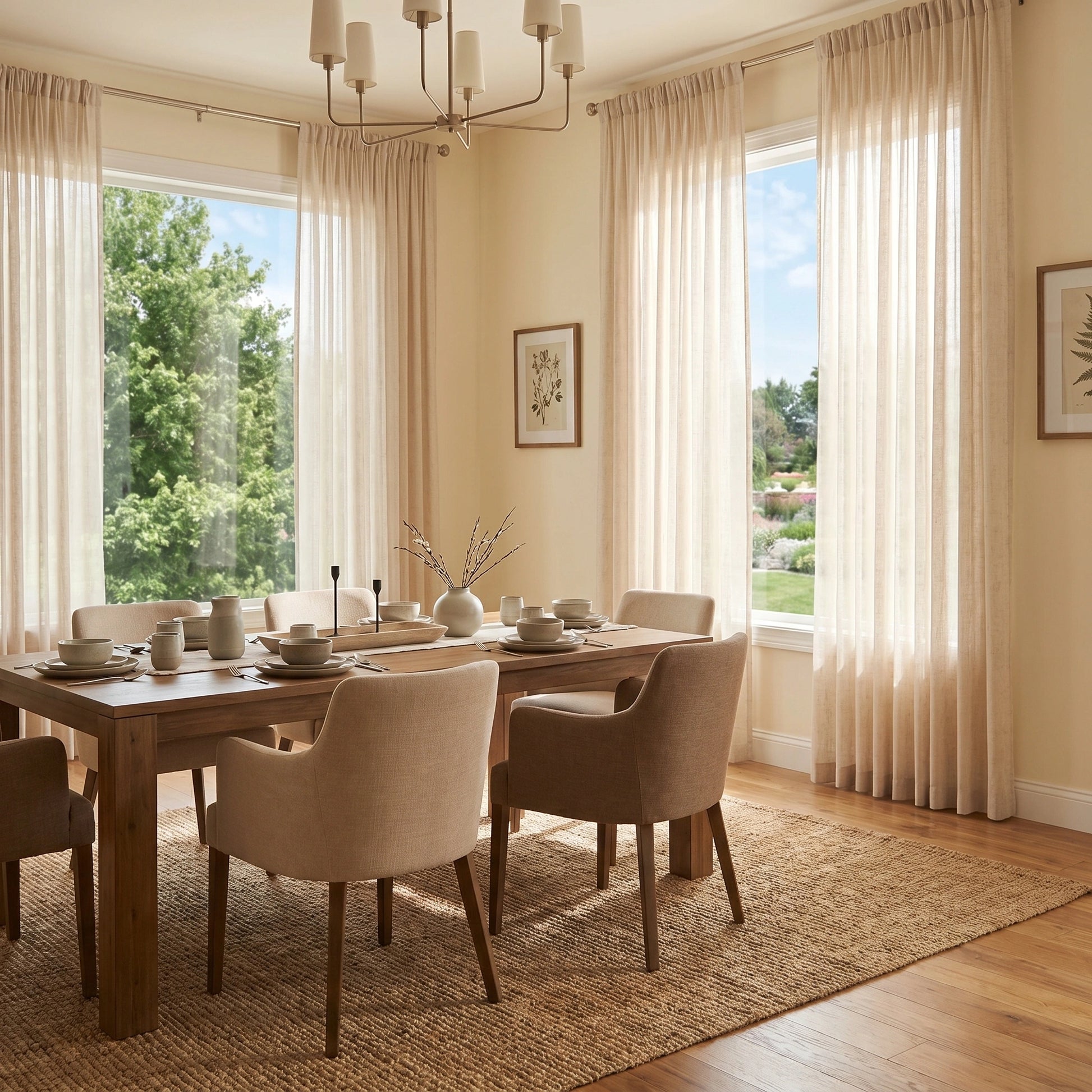 Light and airy Rhea Natural Flax Slub Linen Sheer Curtain by DWCN Official hanging on a window, showcasing sheer, textured linen fabric.