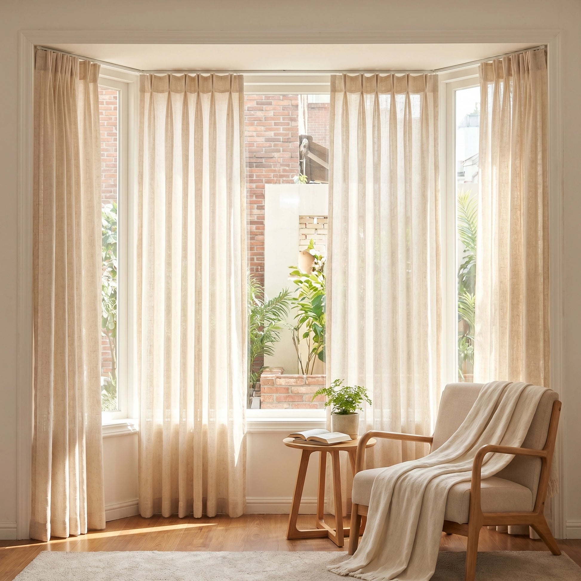 Light beige Rhea Natural Flax Slub Linen sheer curtain by DWCN Official hanging with soft folds and textured linen fabric.