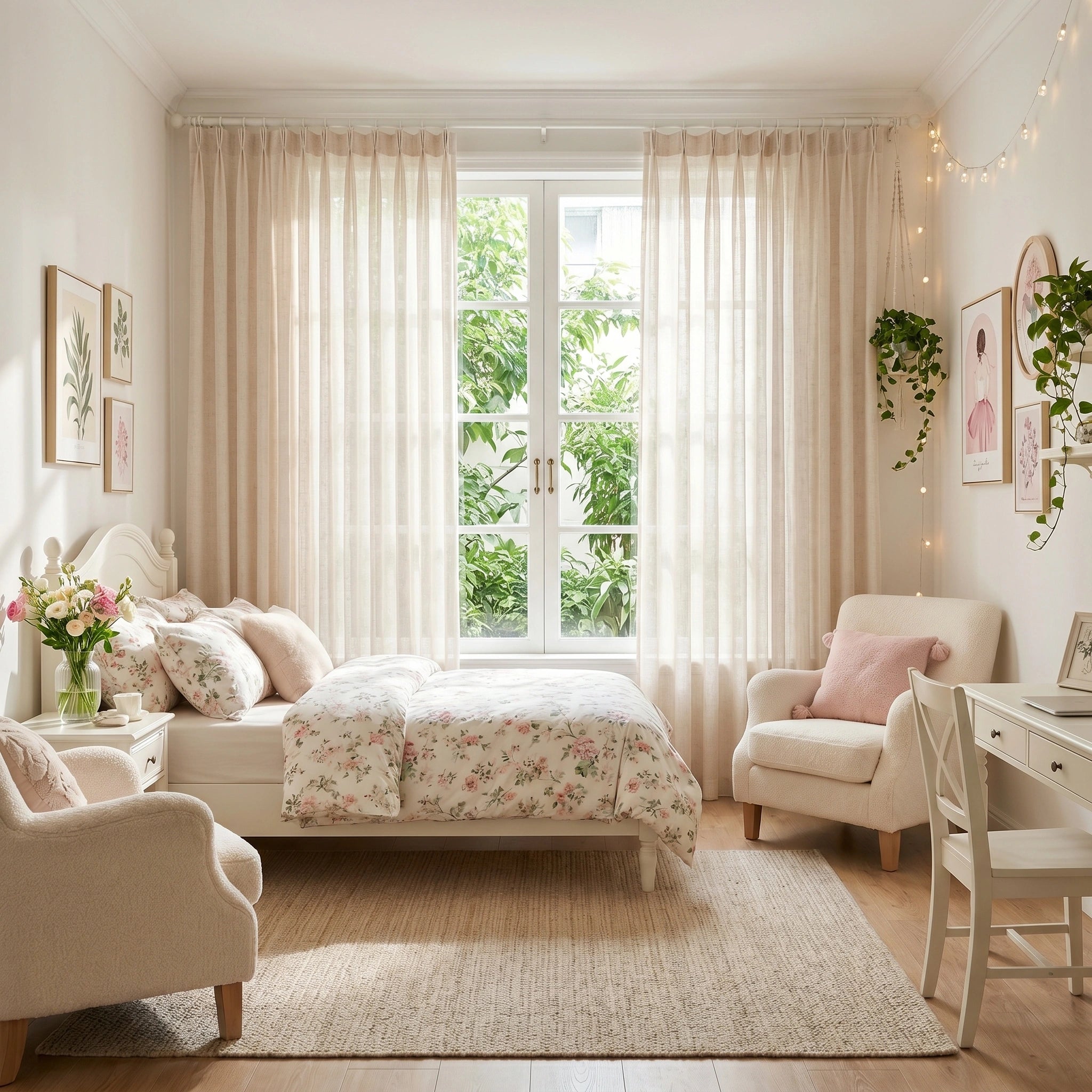 Light beige Rhea natural flax slub linen sheer curtain by DWCN Official hanging on a window with soft natural light.