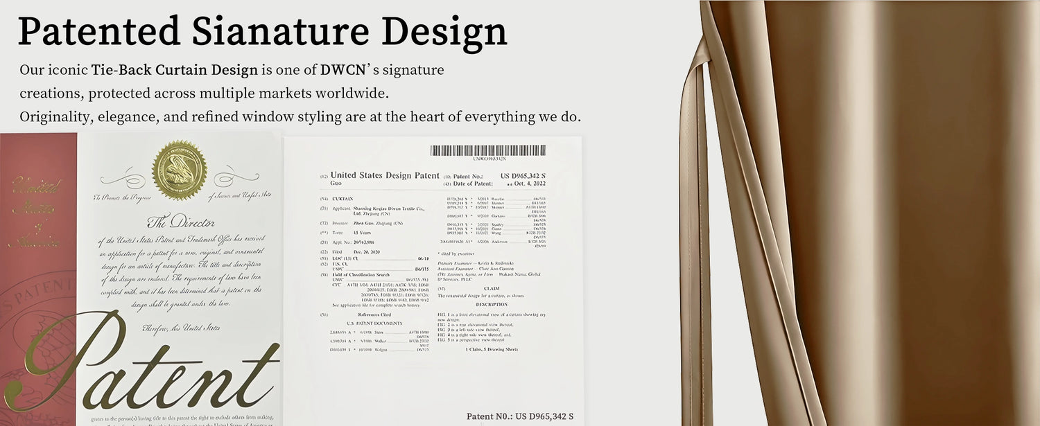 Patent document for a tie-back curtain design with a curtain on a white background