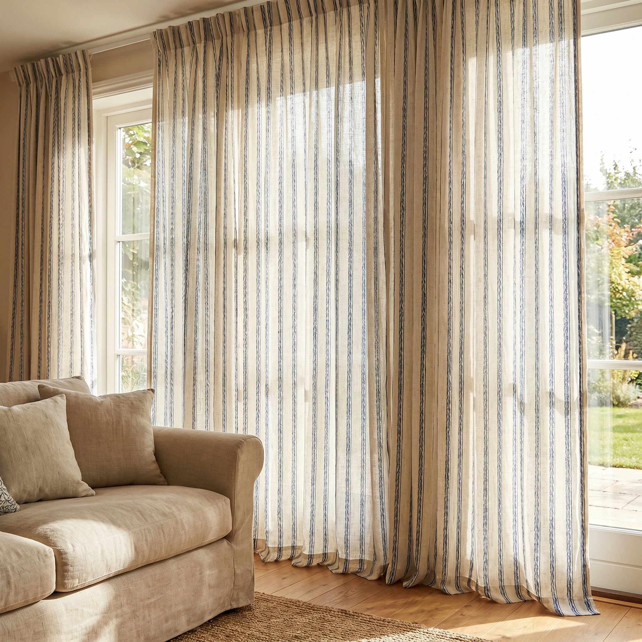 Demeter Aurata patterned linen curtains by DWCN Official hanging in a window, showcasing vibrant yellow and blue botanical designs.