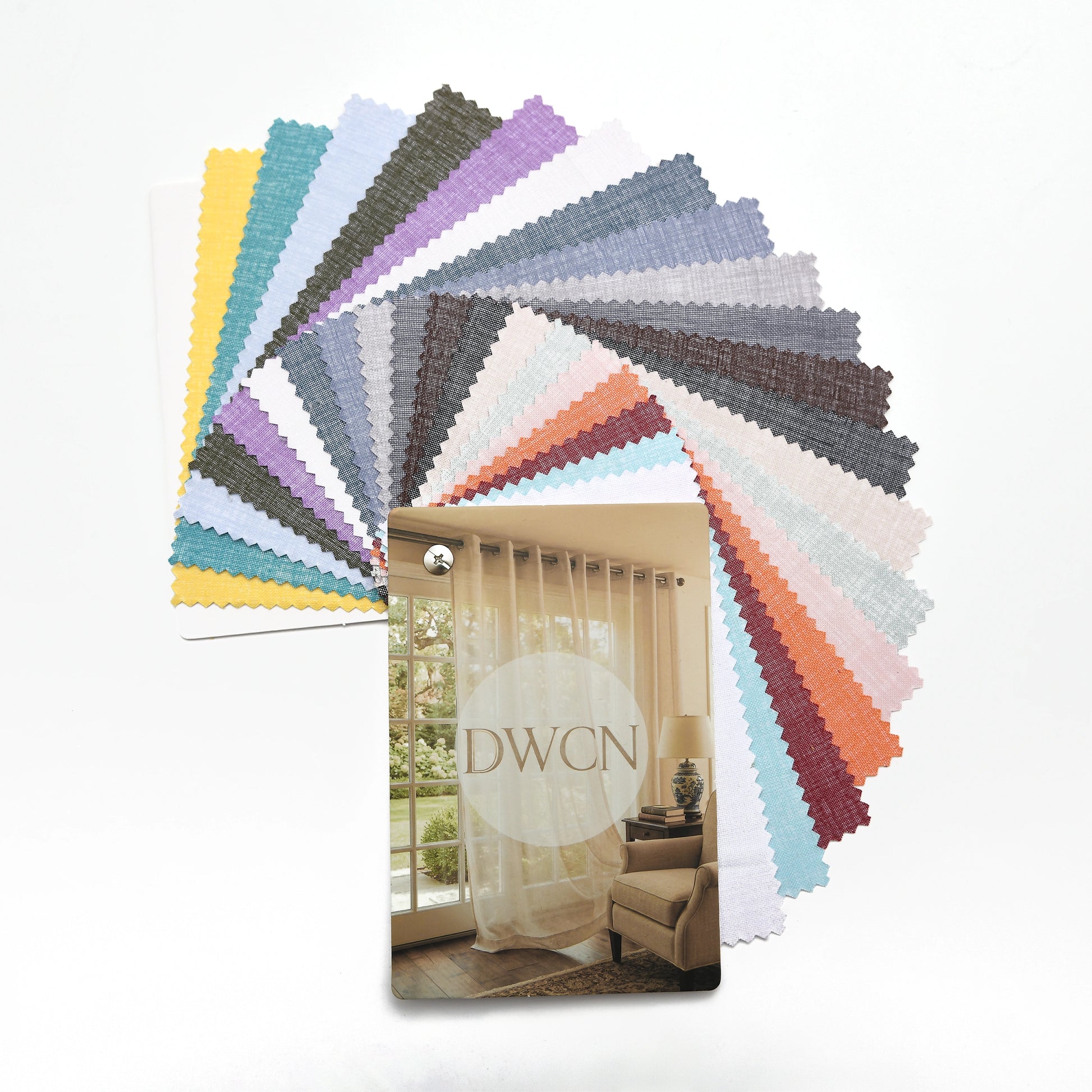DWCN Official linen texture solid sheer fabric swatch booklet showing various fabric samples with natural linen finish and semi-transparent design.