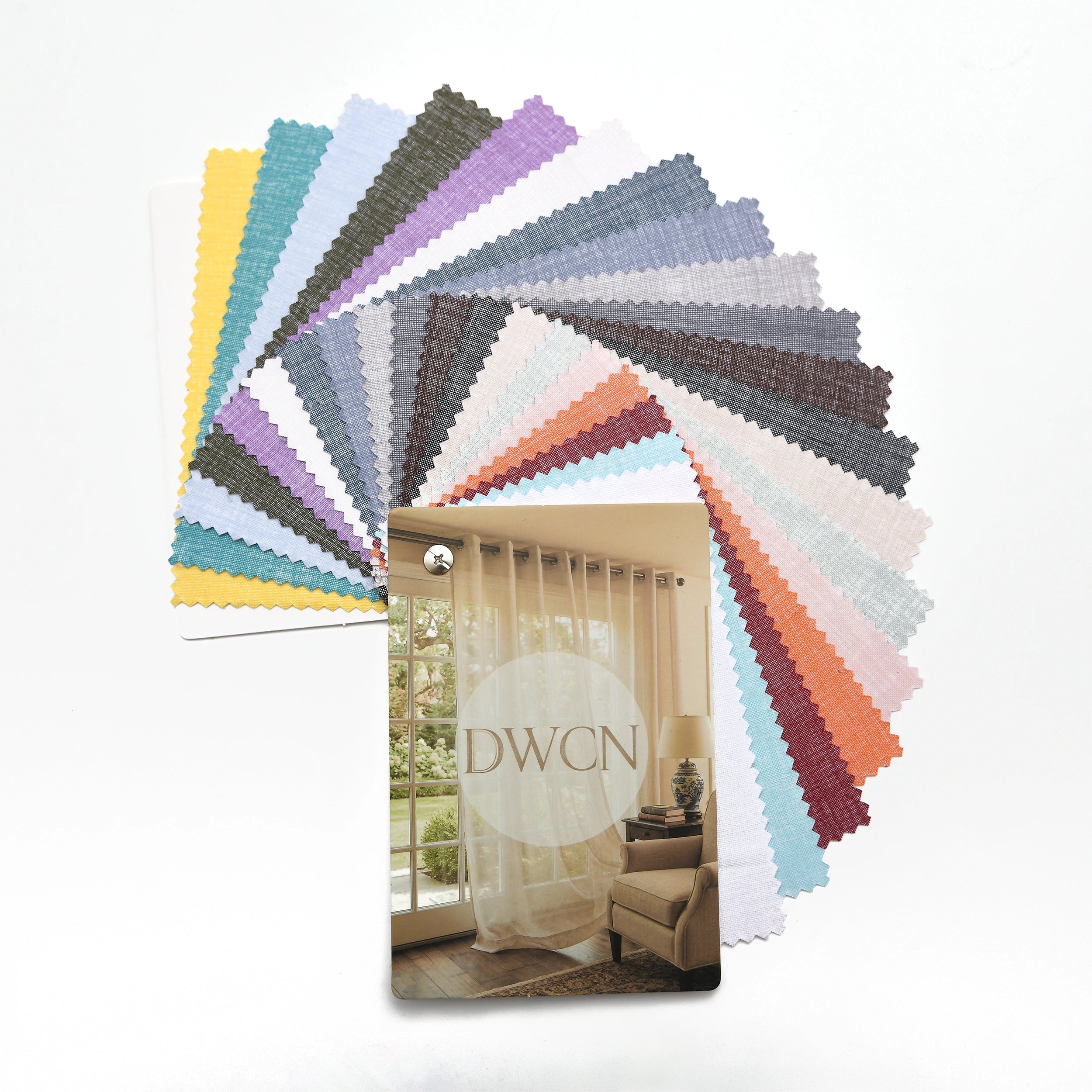 DWCN Official linen texture solid sheer fabric swatch booklet showing various fabric samples with natural linen finish and semi-transparent design.