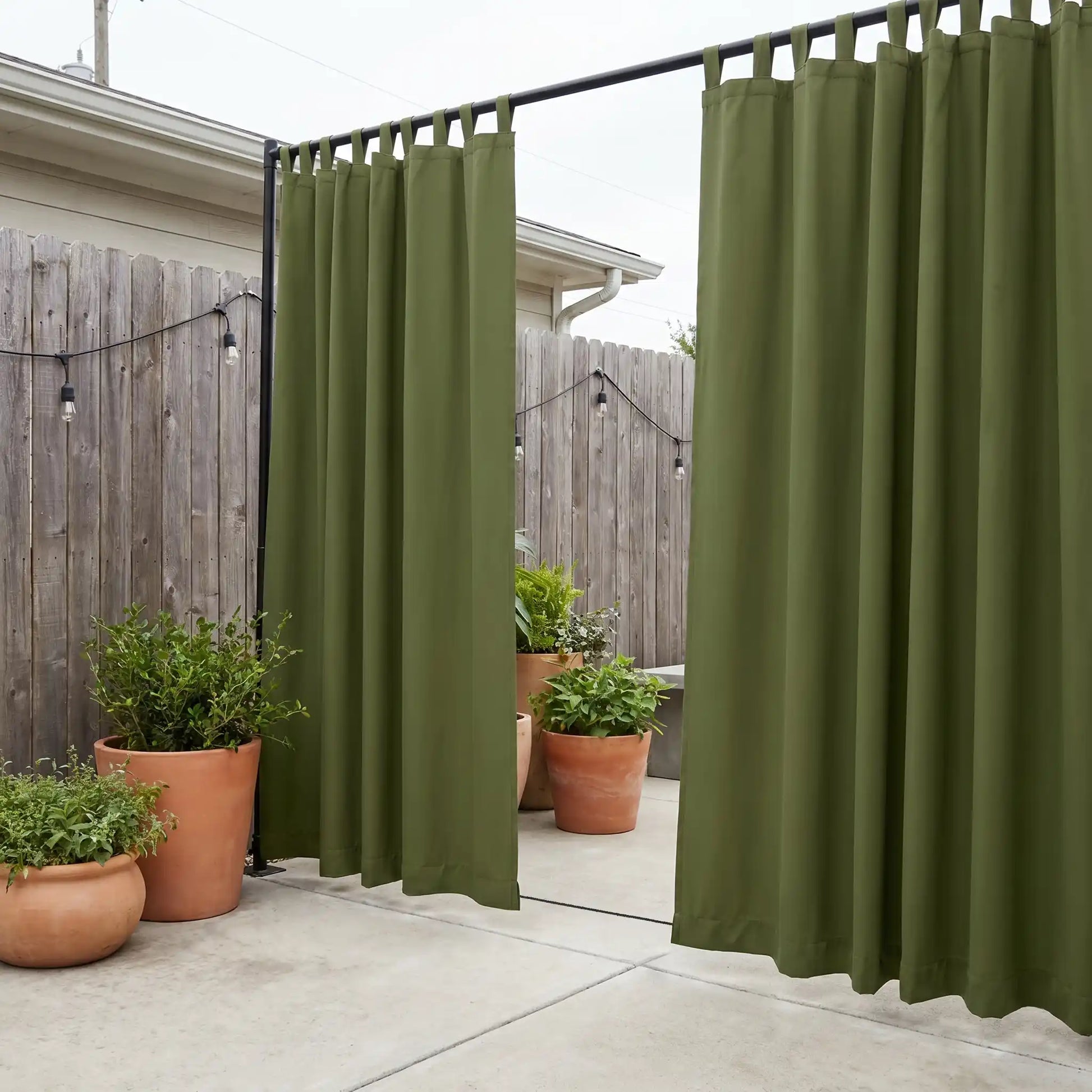 DWCN Official outdoor curtain with tab top and rope bottoms, waterproof and windproof for outdoor patio or balcony use.