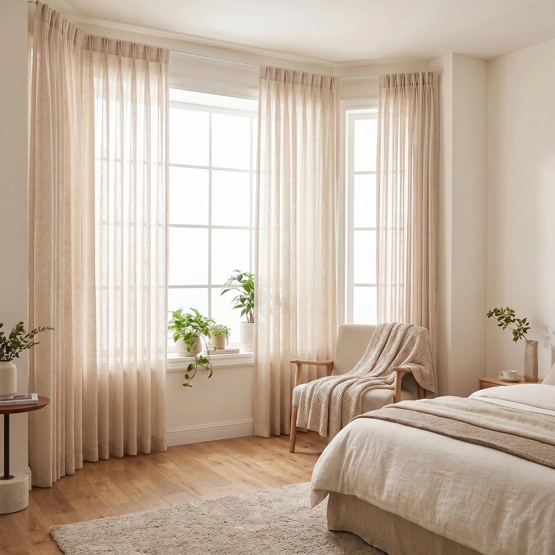 DWCN Official Rhea Natural Flax Slub Linen Sheer Curtain hanging, light-filtering linen fabric with textured slub design.